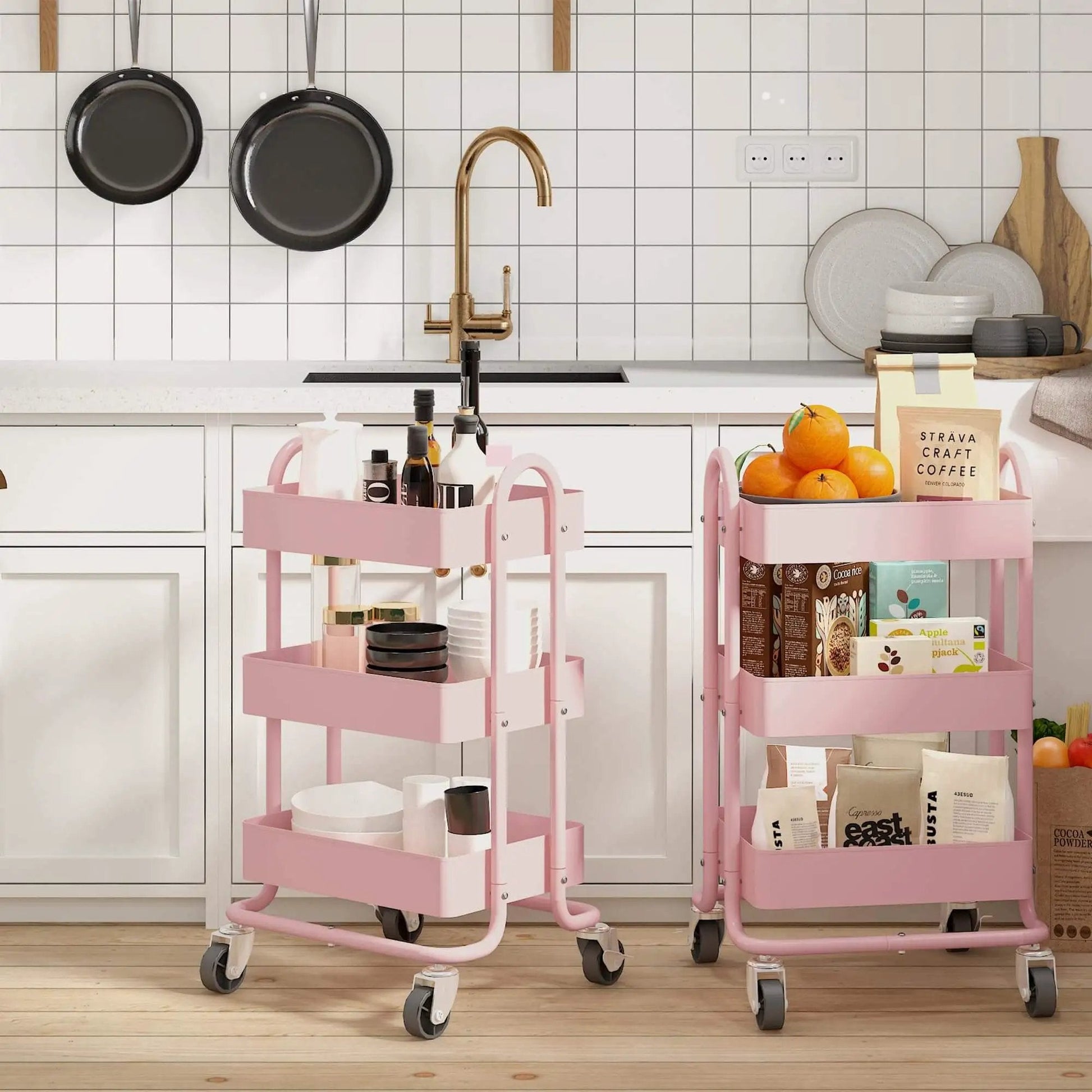 Two pink 3 tier utility rolling carts on wheels in kitchen setting, Elitehouse metal storage cart with locking wheels, organized with items.