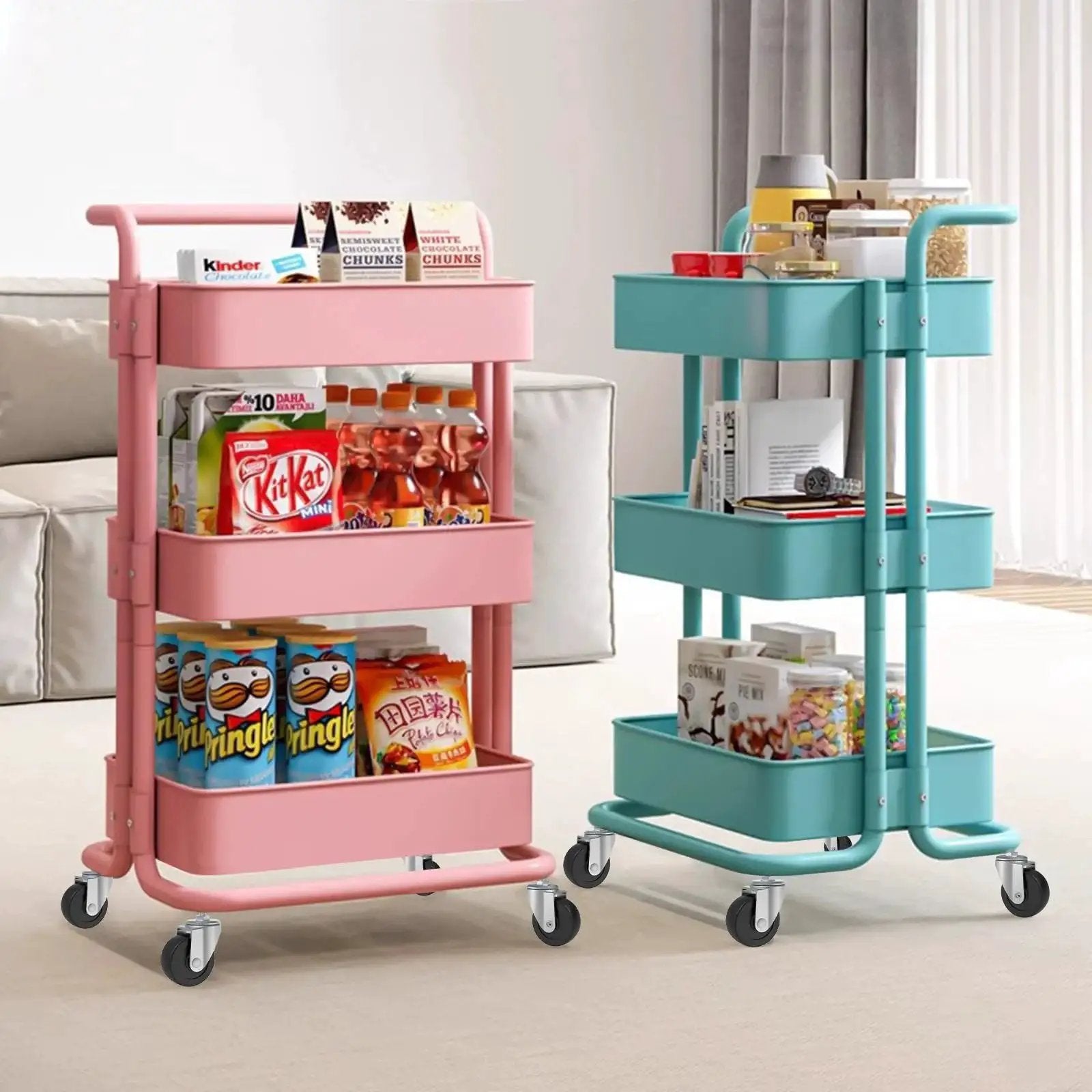 Two rolling carts with snacks and books displayed on three shelves, featuring 360-degree swivel wheels on a carpeted floor.