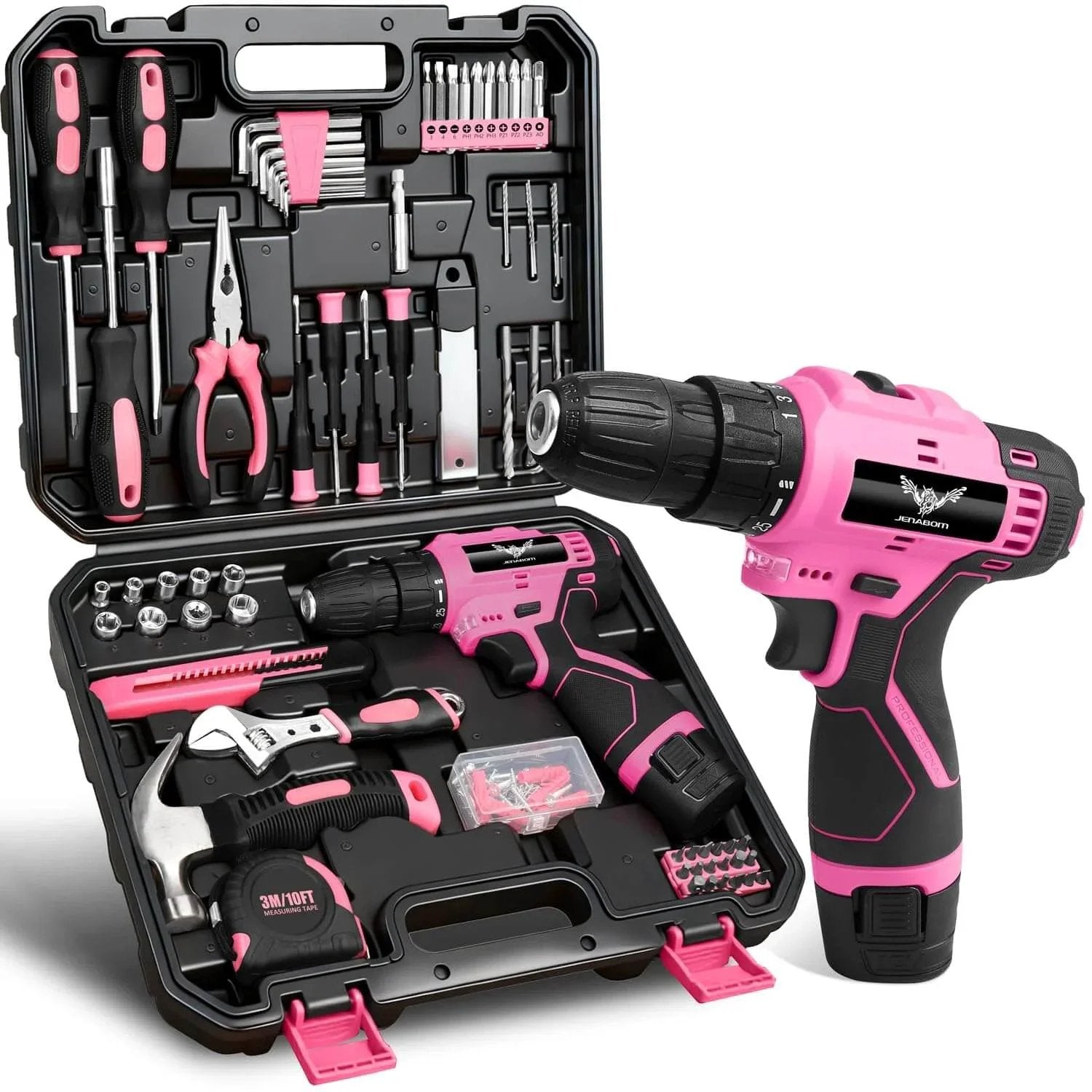 Pink 12V Cordless Drill Kit With 151-Piece Tool Set LED Drill Rechargeable Battery Ergonomic For Homeowners And DIYers