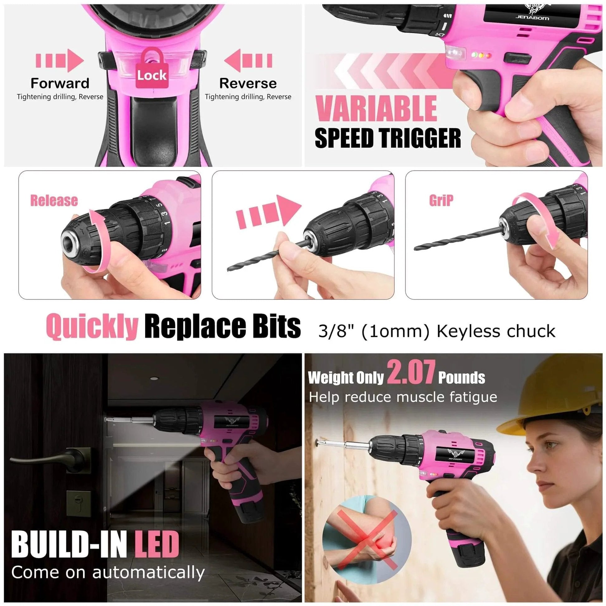 Pink 12V Cordless Drill Kit With 151-Piece Tool Set showing various features like speed trigger, replaceable bits, and LED light