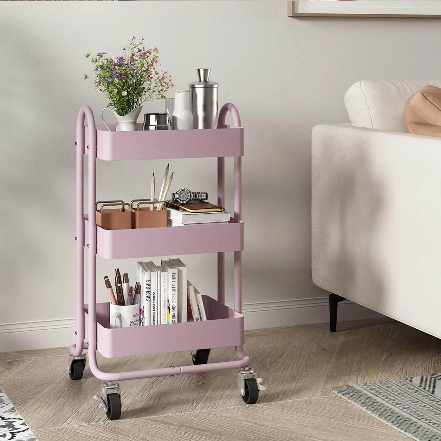 Pink 3 Tier Utility Rolling Cart On Wheels For Kitchen Office Home And Garden Elitehouse Metal Storage Cart With Locking Wheels Durable Mobile Organizer 13.4 By 18.1 By 31 Inches in living room setting
