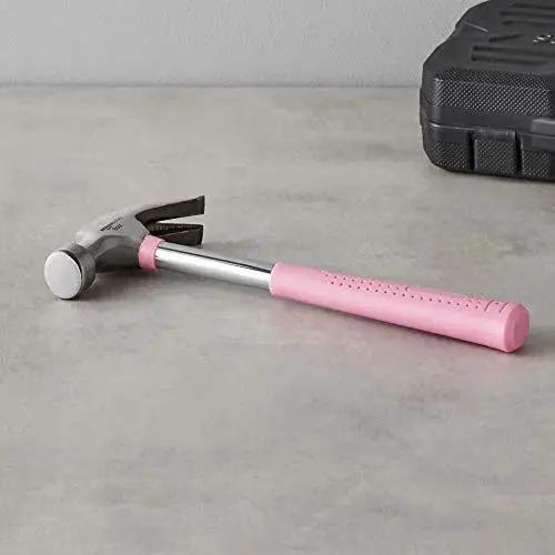 8 oz claw hammer with a shock-absorbing non-slip pink grip for comfortable, accurate nail driving and efficient nail removal; durable steel head