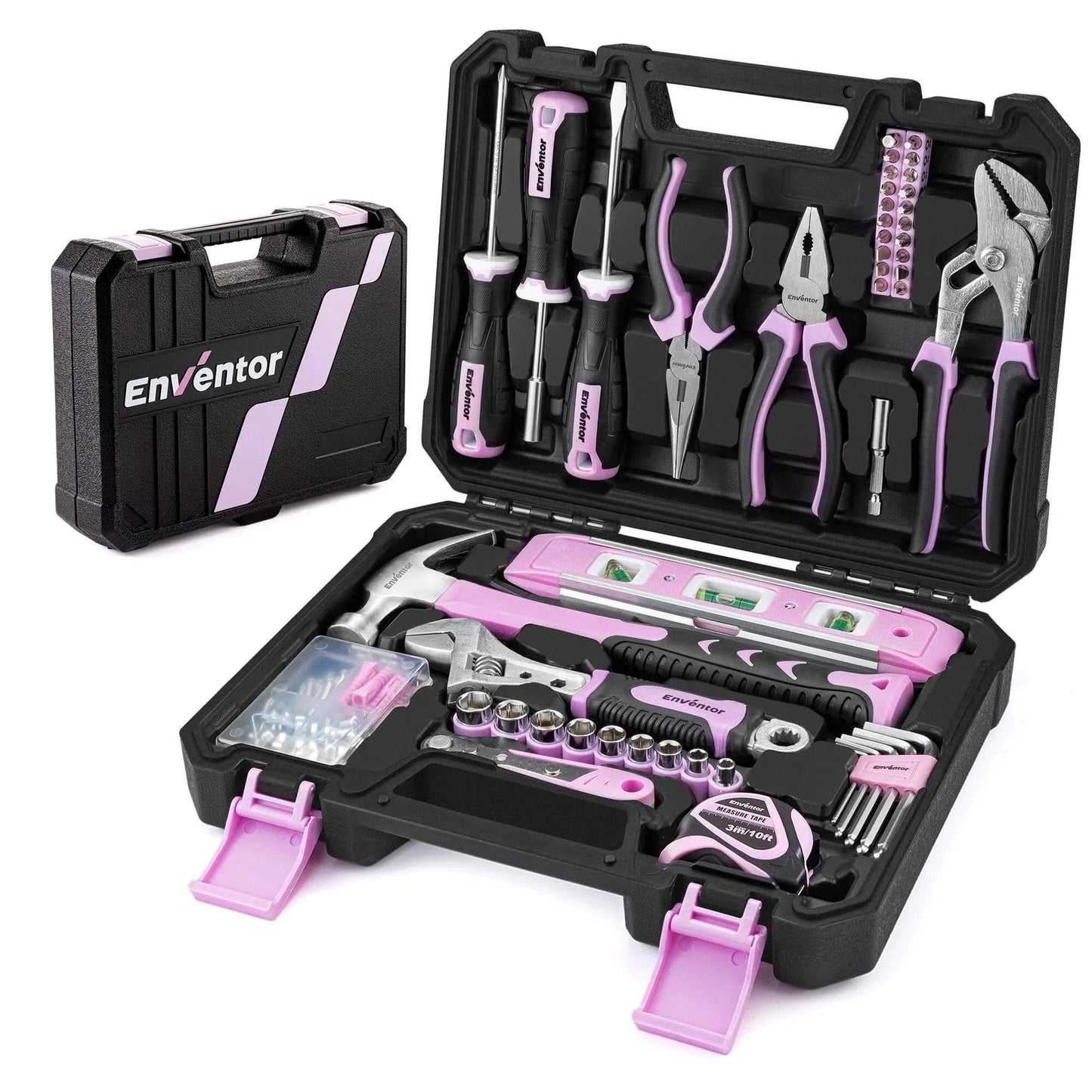 Enventor 146-piece pink tool kit for women with household hand tools in a storage toolbox, perfect for home DIY projects.