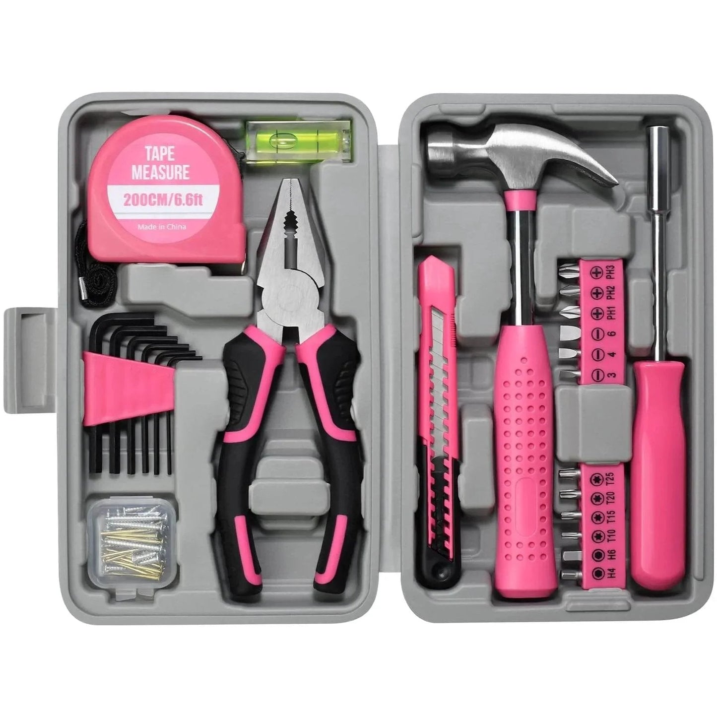 Open 25 Piece Pink Tool Set for Women Portable DIY Home Repair Kit with Beginner Friendly Tools including hammer, pliers, tape measure.