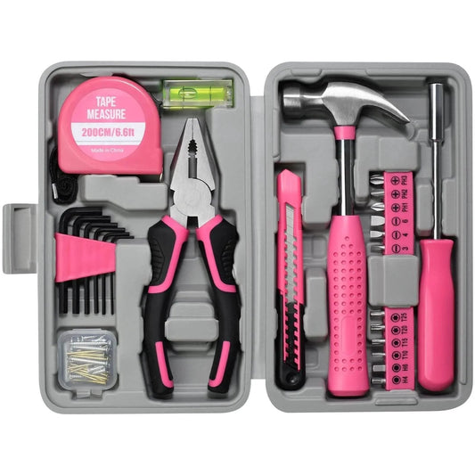 Open 25 Piece Pink Tool Set for Women Portable DIY Home Repair Kit with Beginner Friendly Tools including hammer, pliers, tape measure.