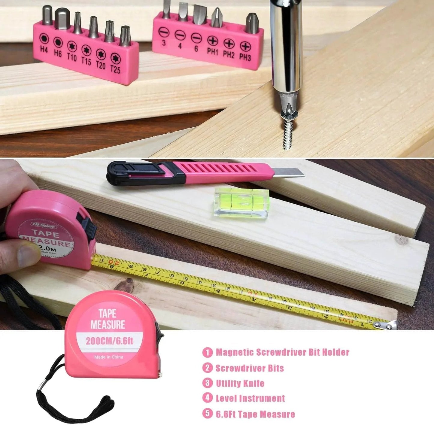 Tools from 25 Piece Pink Tool Set for Women Portable DIY Home Repair Kit including bits, tape measure, and utility knife.
