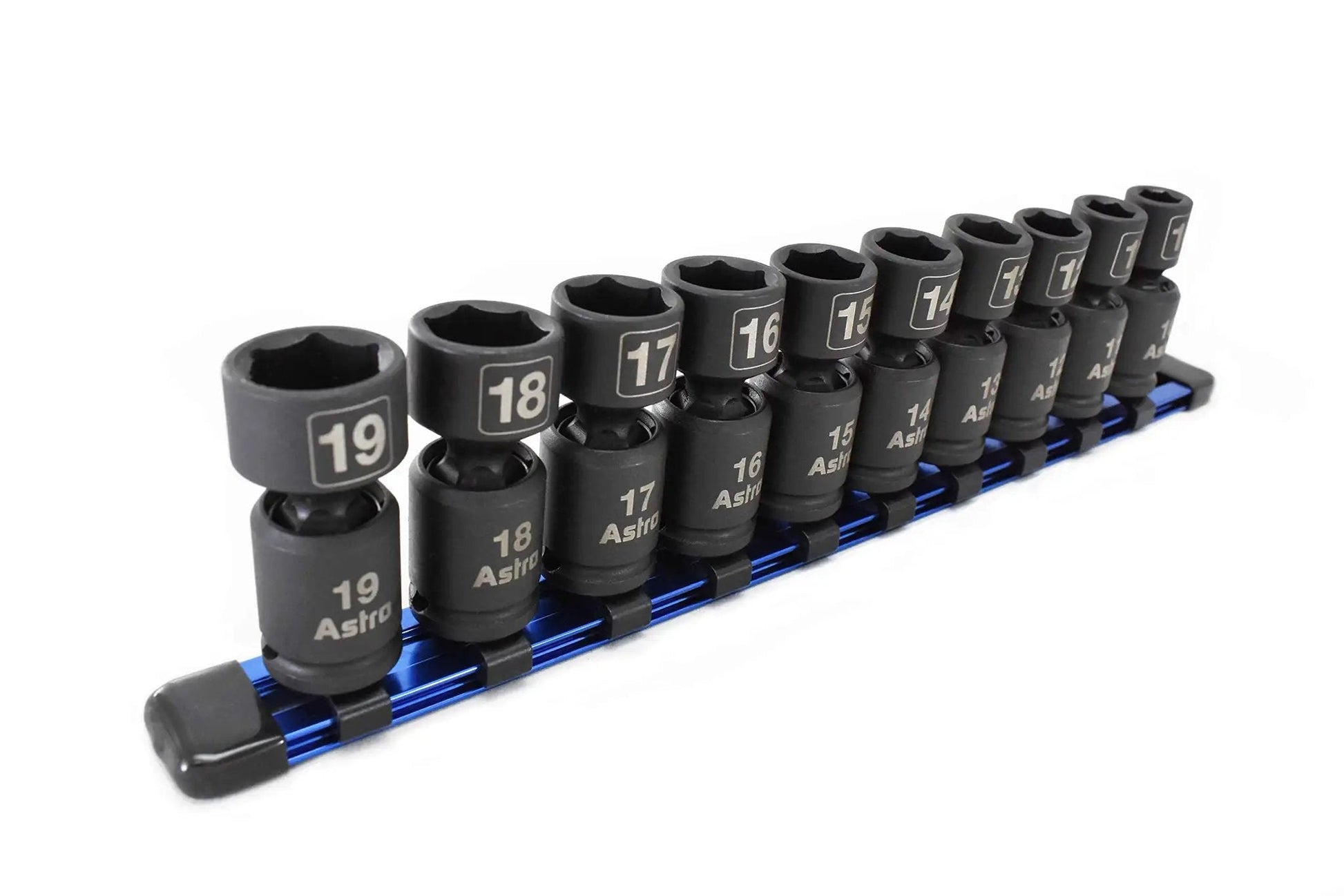 Pinless Nano Universal Impact Socket Set For Three Eighths Inch Drive Pro Grade Workhorse Ten Piece Set With Sizes Ten Through Eighteen Millimeter 360 Degree Rotating Head Ultra Short Profile Forged Cro Mo Lifetime Warranty Astro Pneumatic Tool displayed on a rail, showing sockets 10-19 mm in a row