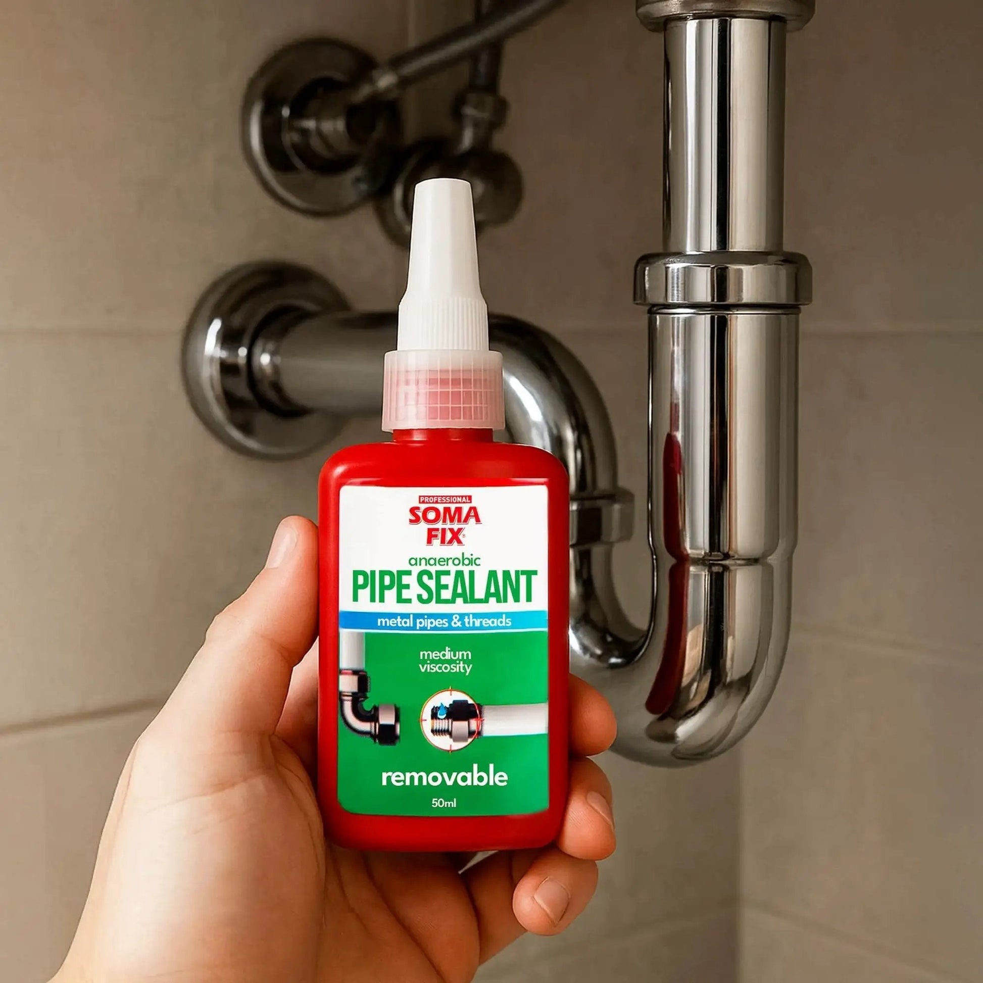 Hand holding Pipe Thread Sealant For Metal Pipes And Threaded Fittings With Anaerobic Cure Medium Viscosity For High Pressure, near pipes