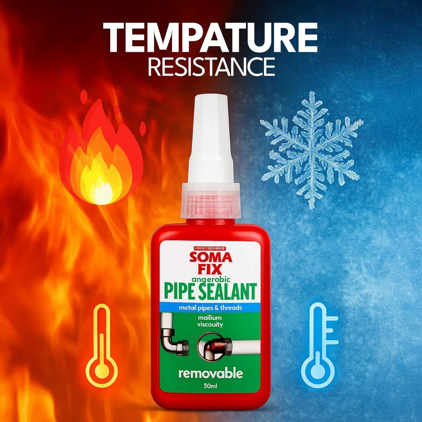 Pipe Thread Sealant with Temperature Resistance for Metal Pipes and Threaded Fittings Bottle and Icons