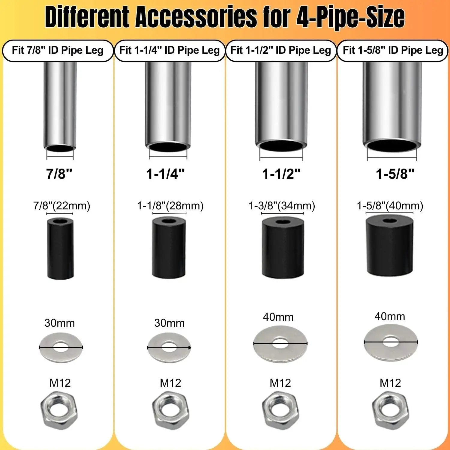 Different accessories for 4-pipe sizes showing compatible tube legs and components for expanding stem caster wheels.