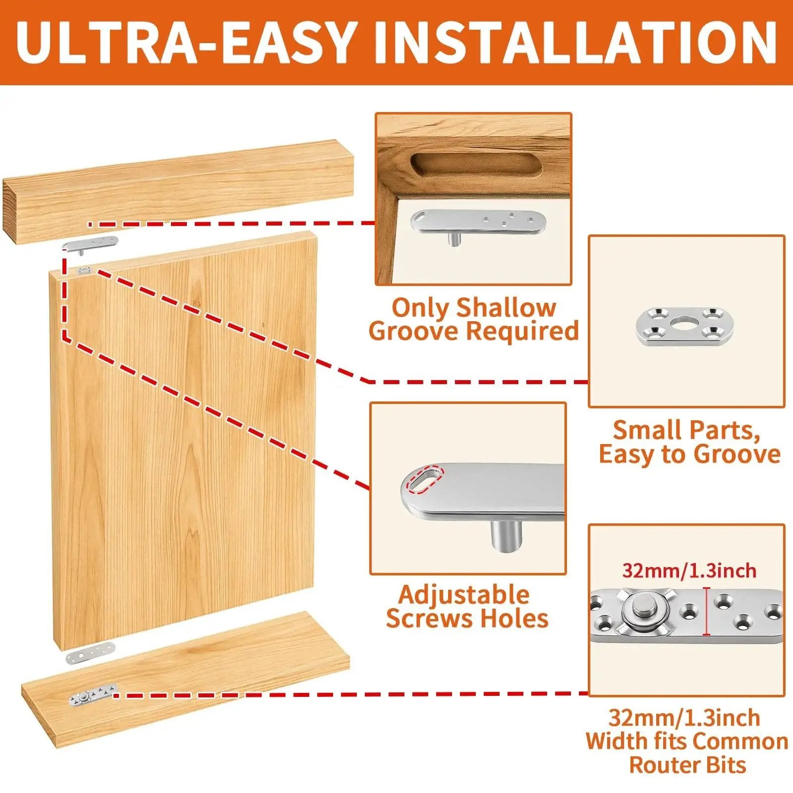 Ultra-easy installation of Heavy Duty Pivot Hinge With Hold Open For Concealed Doors, showing shallow groove and adjustable screw holes.