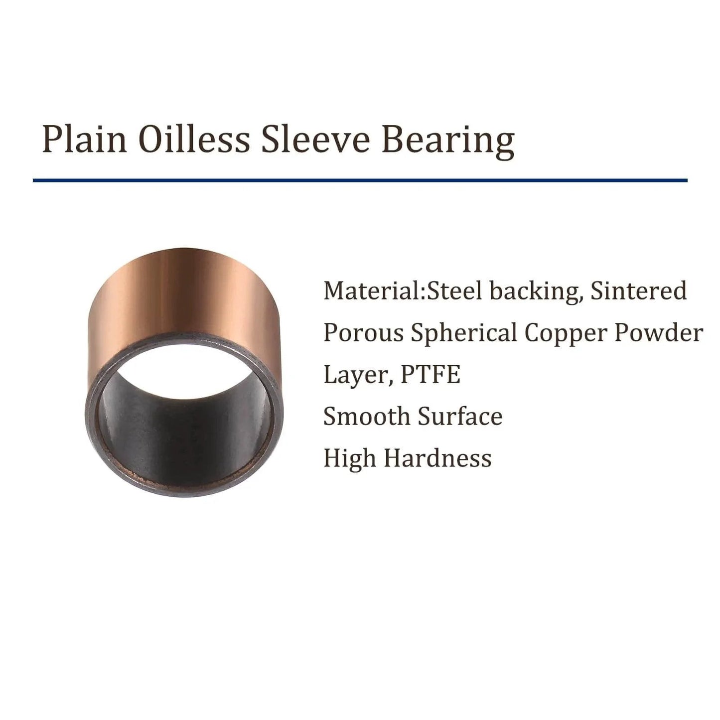 Plain oilless sleeve bearing with steel backing and PTFE layer, part of 4 Pack Self Lubricating Sleeve Bearings Three Quarters Inch Bore Seven Eighths Inch Outer Diameter And Three Quarters Inch Length Oilless Bushings For Low Maintenance Quiet Operation And High Speed Applications Durable Oil Free Bearings.