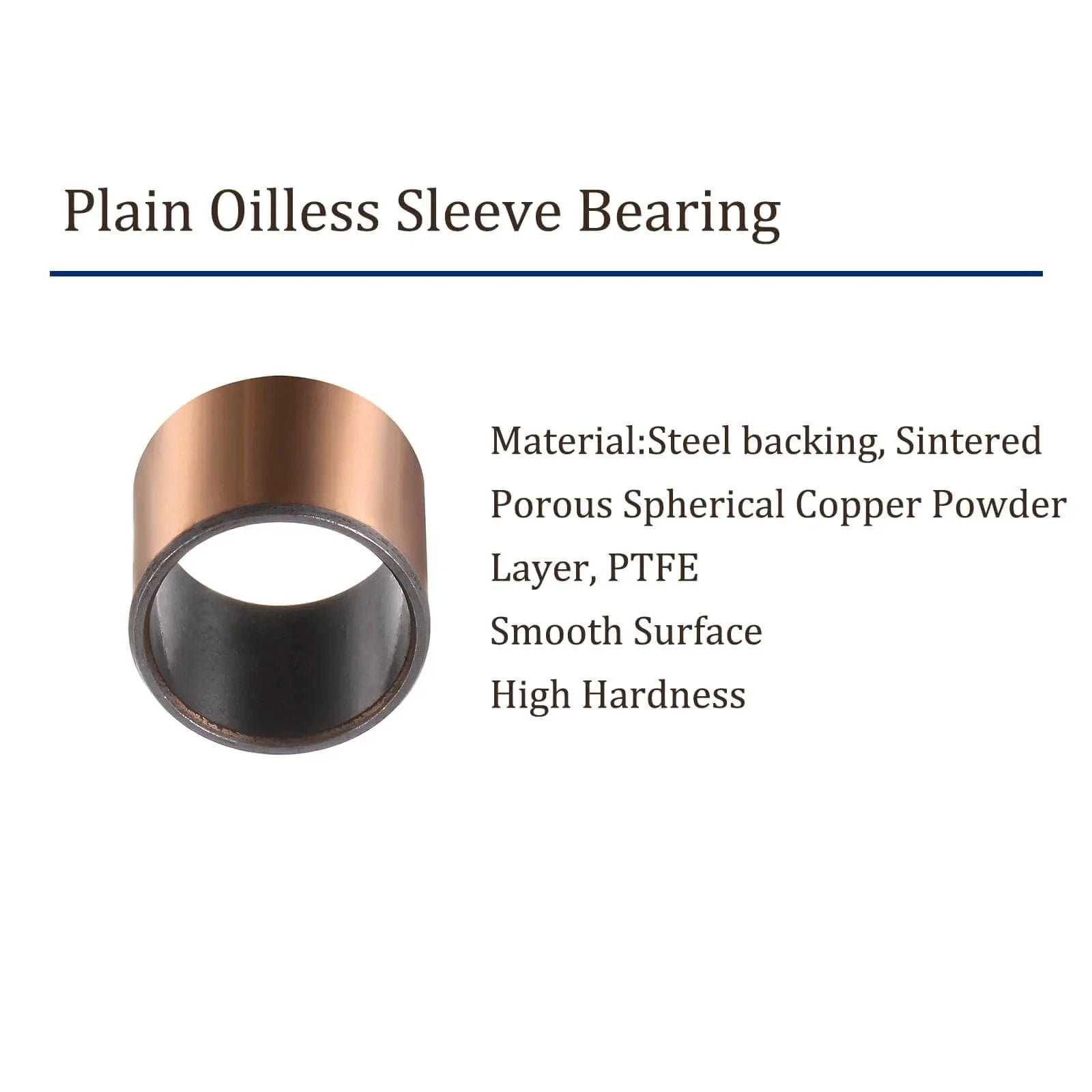 Plain oilless sleeve bearing with steel backing and PTFE layer, part of 4 Pack Self Lubricating Sleeve Bearings Three Quarters Inch Bore Seven Eighths Inch Outer Diameter And Three Quarters Inch Length Oilless Bushings For Low Maintenance Quiet Operation And High Speed Applications Durable Oil Free Bearings.