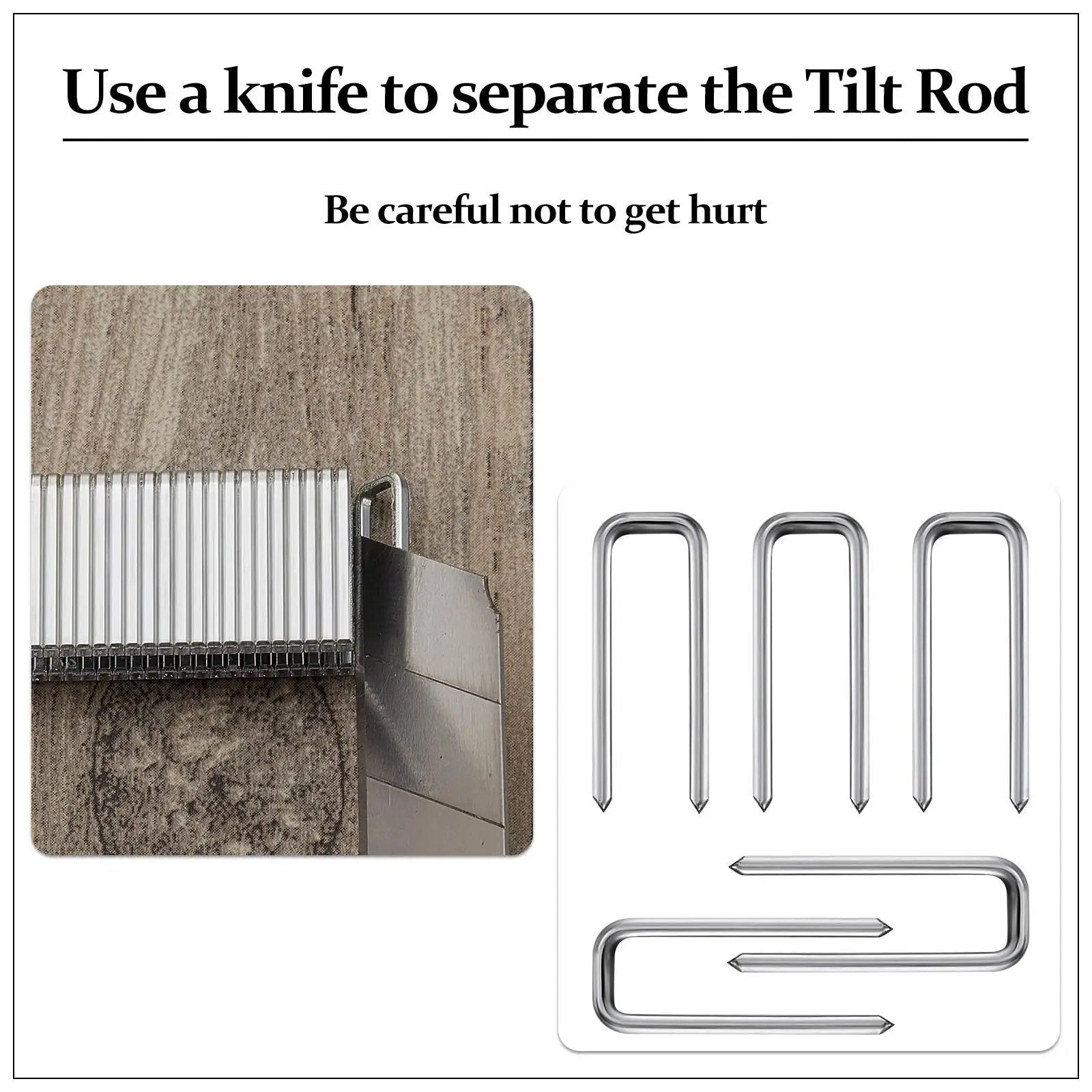 40 Piece Plantation Shutter Repair Kit With Replacement Louvers Staples For Window Blinds Tilt Rods Operable Silver Indoor Louver Staples Tools Repair showing staples and knife.