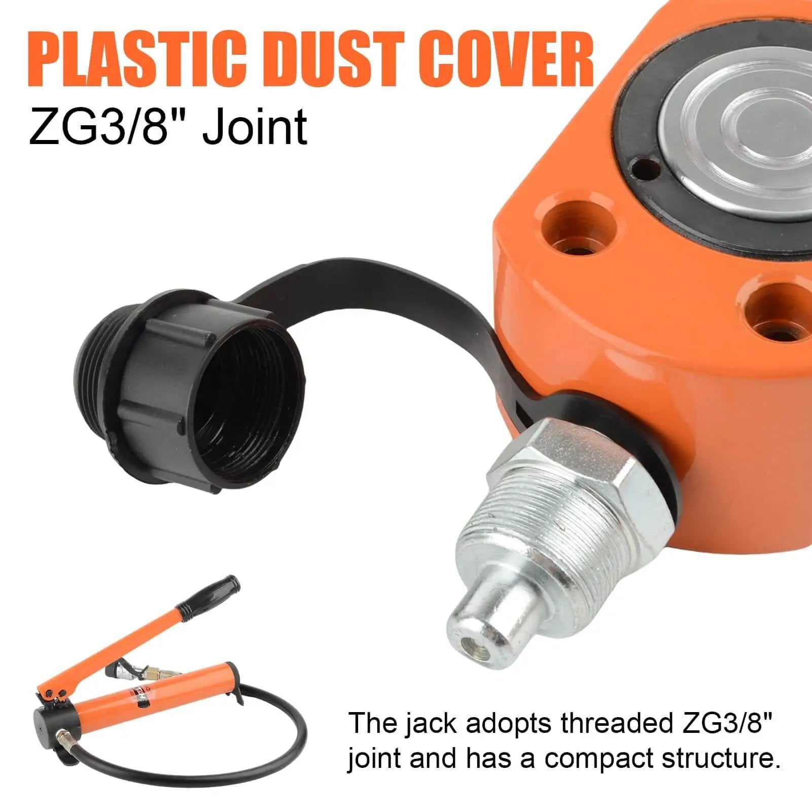 Heavy Duty 10 Ton Hydraulic Ram Jack Kit With Porta Power Lifting Cylinders close-up showing ZG3/8 joint with plastic dust cover