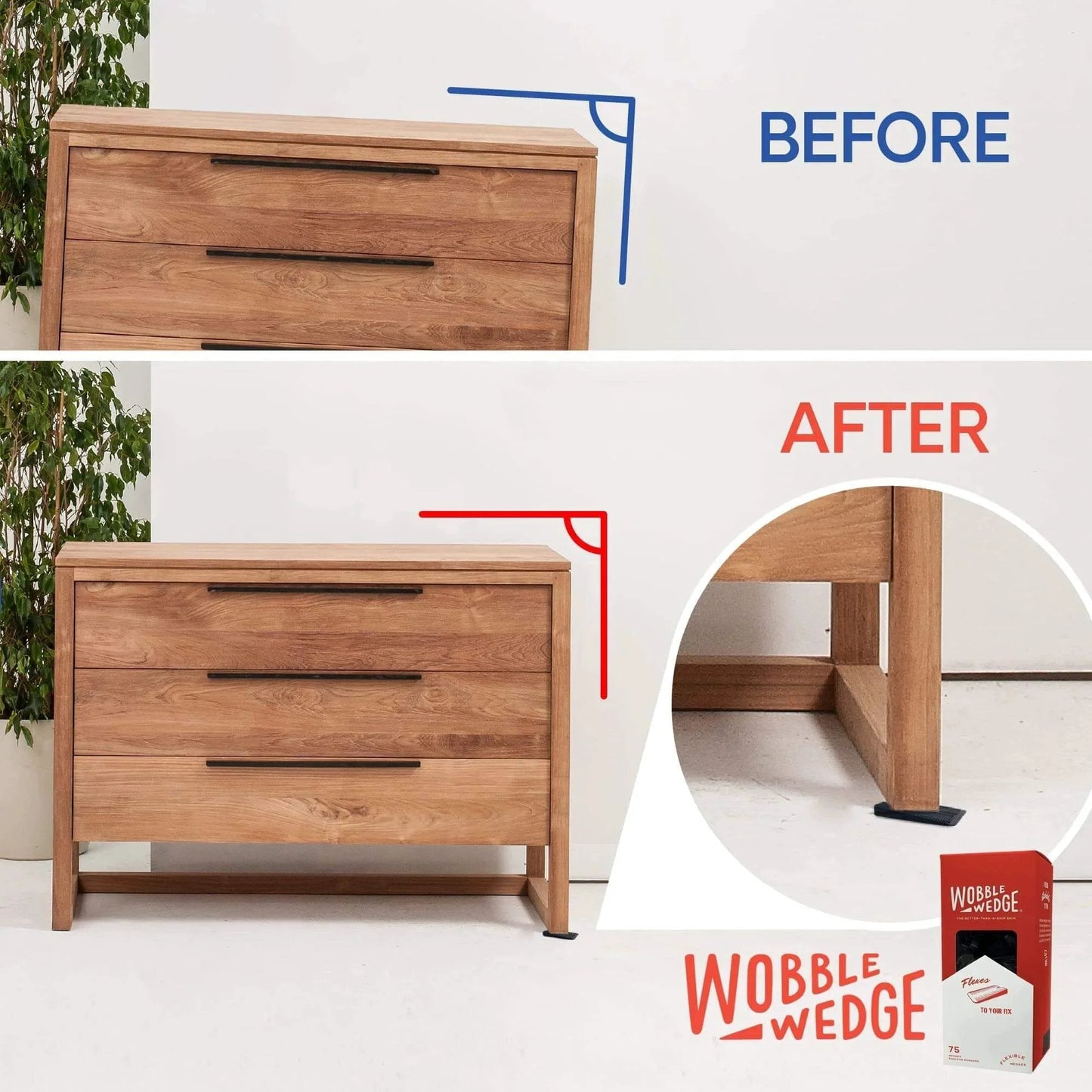 Before and after using Flexible Plastic Leveling Shims Set 75 Pack for Home Improvement Furniture Levelers, showing stabilized dresser.