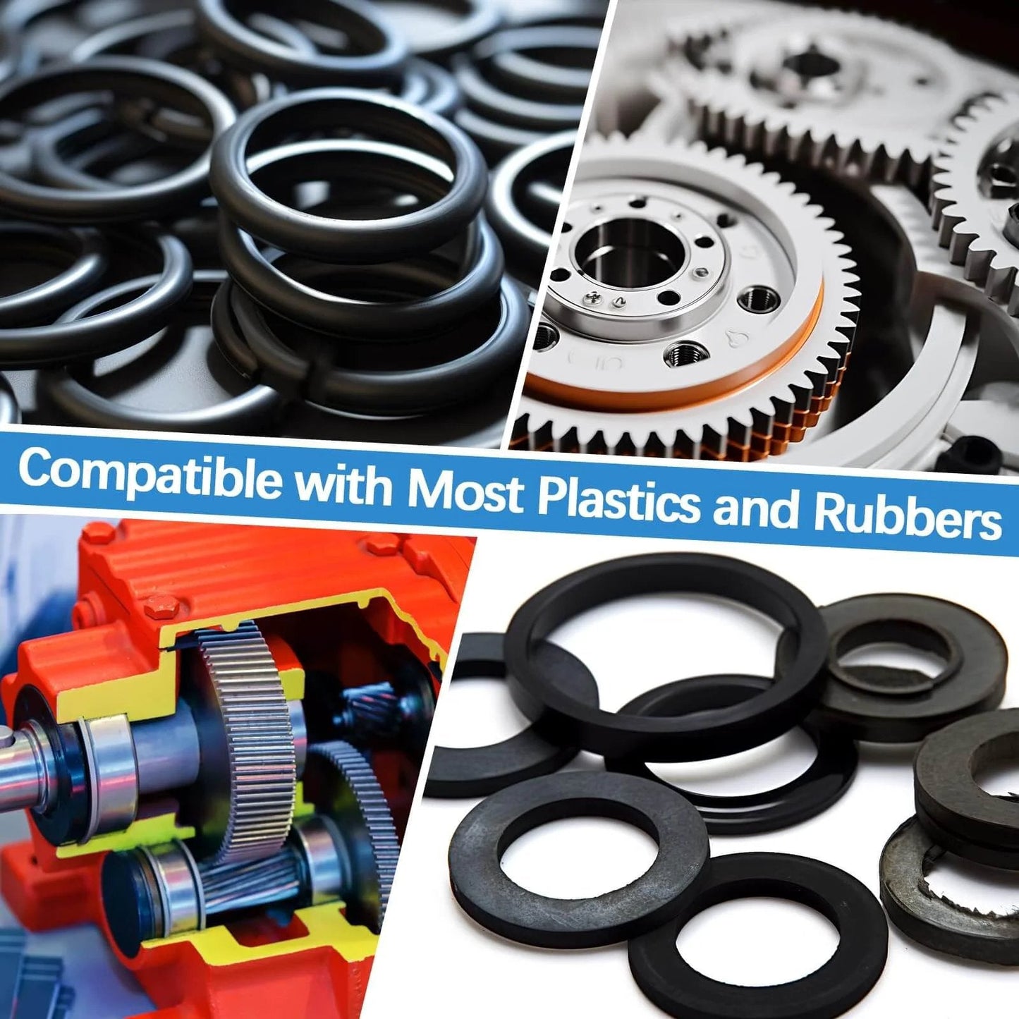 Collage of rubber seals, gears, and mechanical parts with text 'Compatible with Most Plastics and Rubbers'