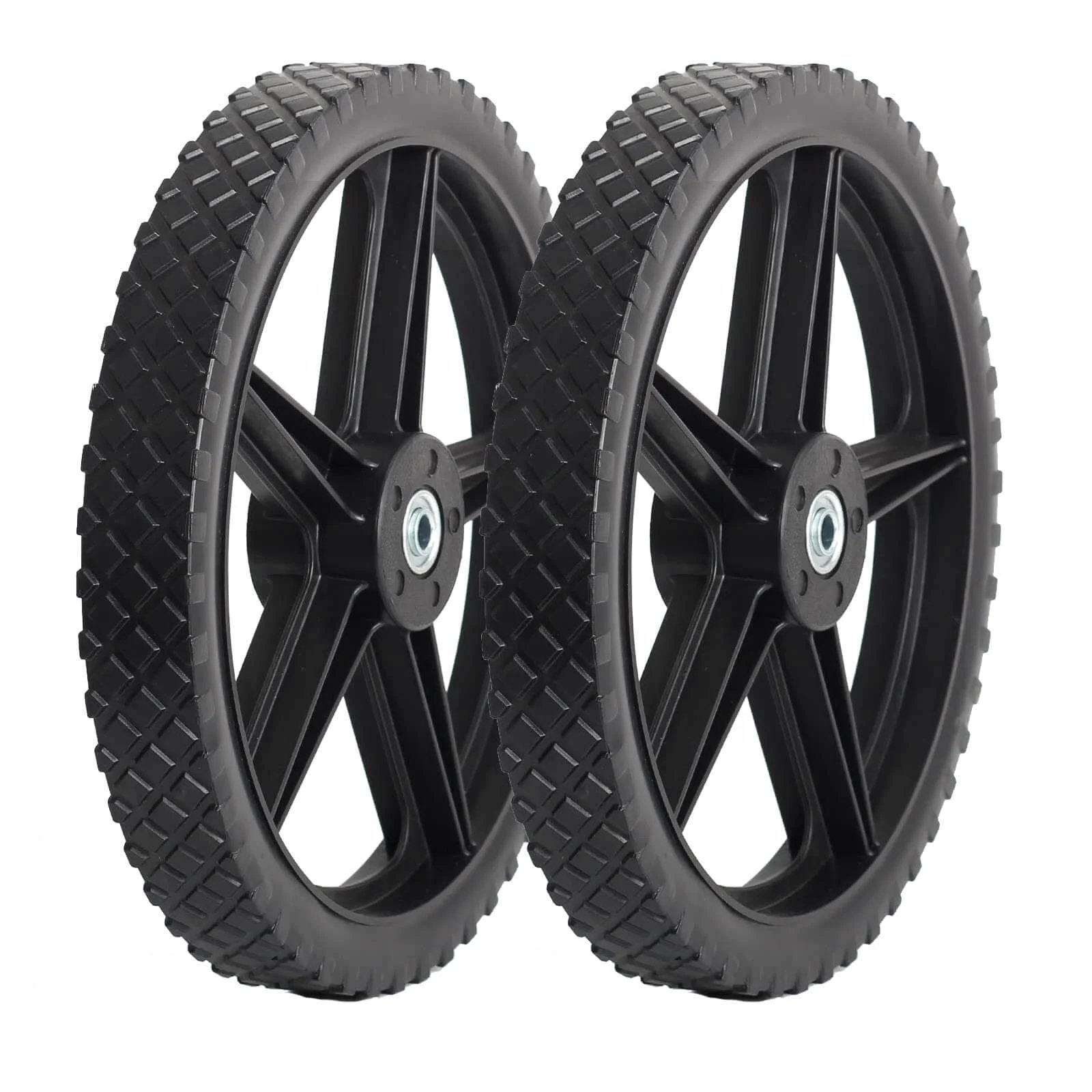 14 x 1.75 Inch Spoked Plastic Wheel and Tire 2 Pack with 2.45 Inch Hub Length and 1/2 Inch Bearing, flat free replacement