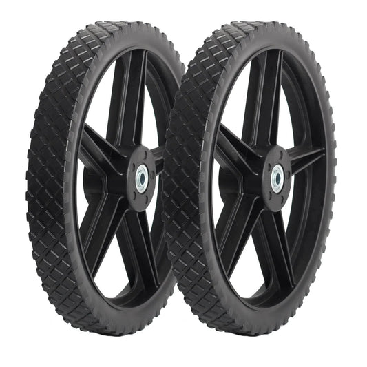 14 x 1.75 Inch Spoked Plastic Wheel and Tire 2 Pack with 2.45 Inch Hub Length and 1/2 Inch Bearing, flat free replacement