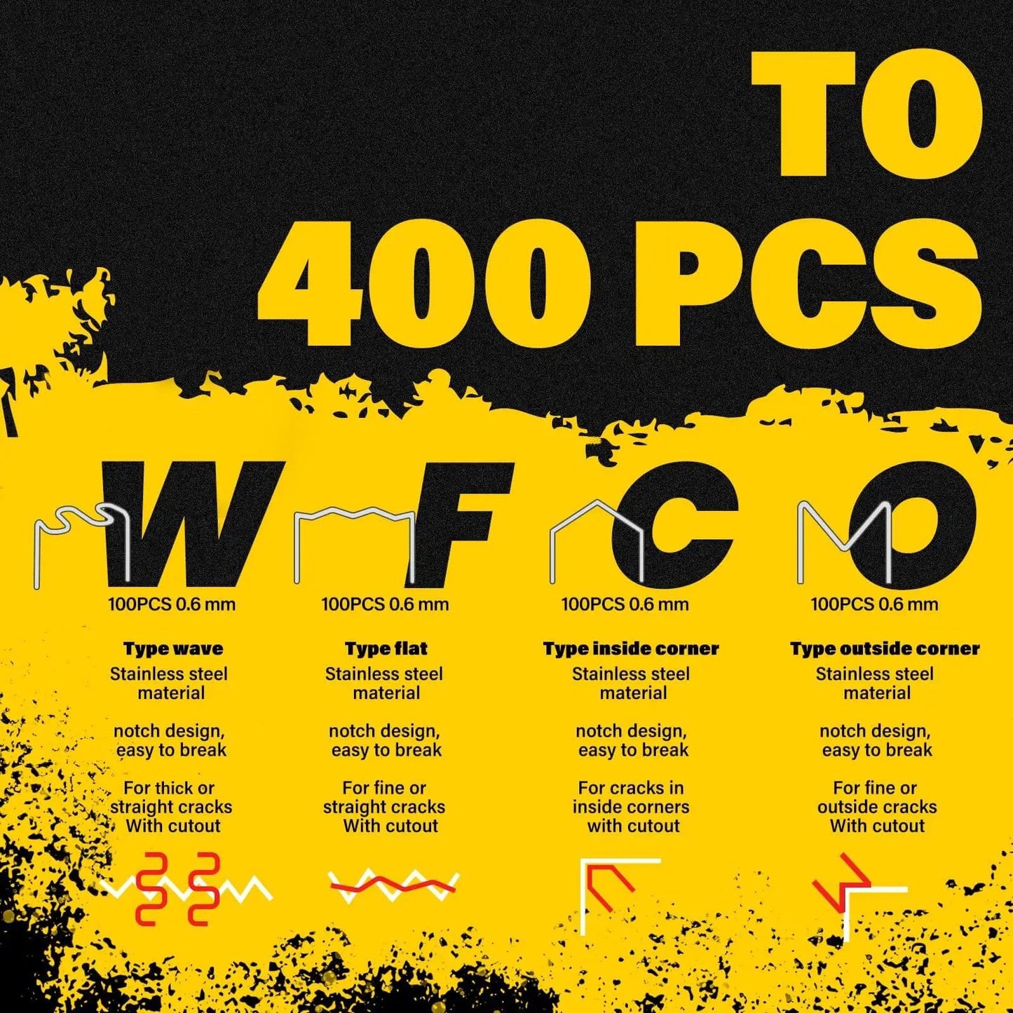 Infographic showing 400 PCS of staple types for 2 In 1 Plastic Welder Kit For Car Bumpers And Plastic Repairs, Yellow Allturn