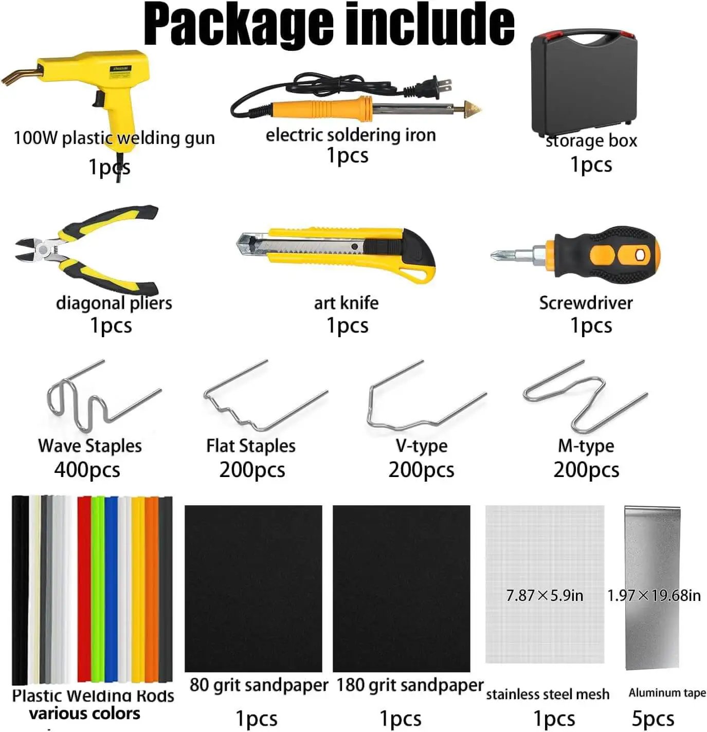 Contents of 2 In 1 Plastic Welder Kit For Car Bumpers And Home Repairs With Hot Stapler includes tools and materials for plastic repair.