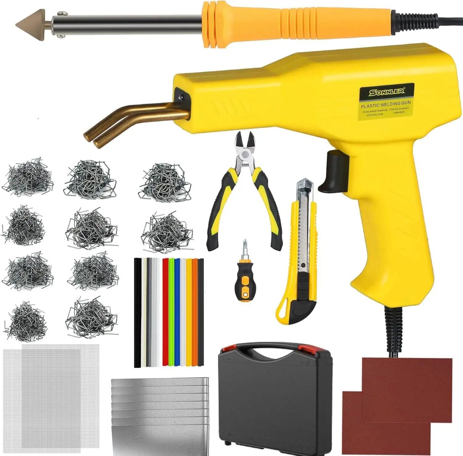 2 In 1 Plastic Welder Kit For Car Bumpers And Home Repairs With Hot Stapler Includes Iron Rods Metal Mesh Abrasive Paper Aluminum Tape
