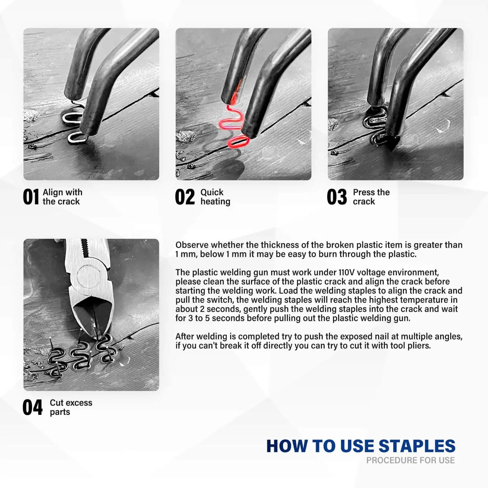 Steps showing how to use 2 In 1 Plastic Welding Kit With Hot Staples Weld Gun For Car Bumpers And Most Plastics, 110V 100W Welder