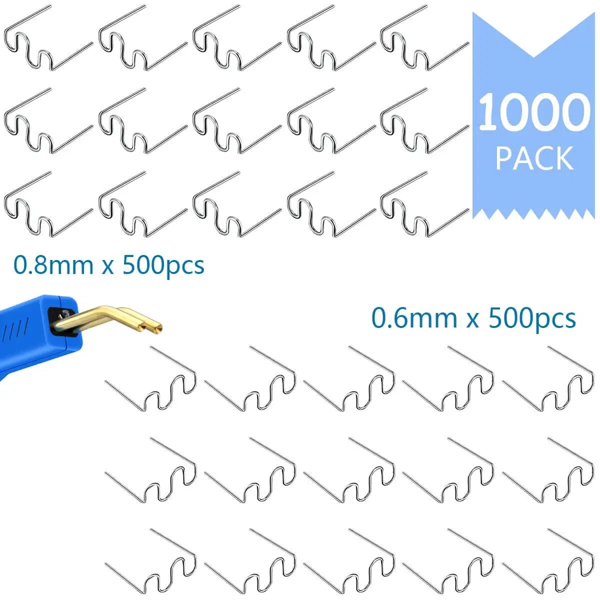 Image showing 1000Pcs WaveShape Hot Staples for plastic welding in 0.8mm and 0.6mm sizes, ideal for car bumpers, dashboards, and plastic repair.