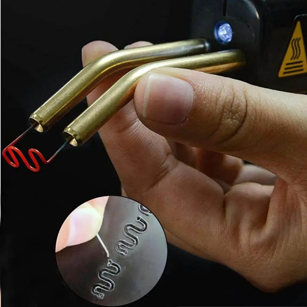 Close-up of 1000 Pcs Plastic Welding Staples Set for Hot Stapler Repair with glowing wave staples and repair demonstration inset.