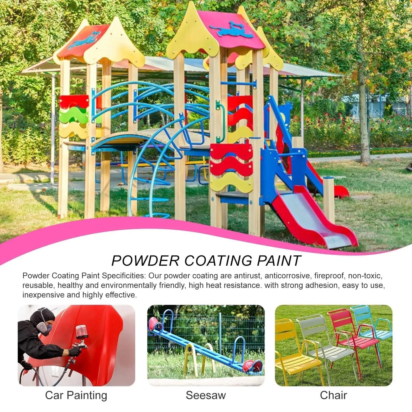 Powder Coating Paint For Metal Surfaces Black 4 Ounces Premium Quality Powder Coat on colorful playground equipment outdoors