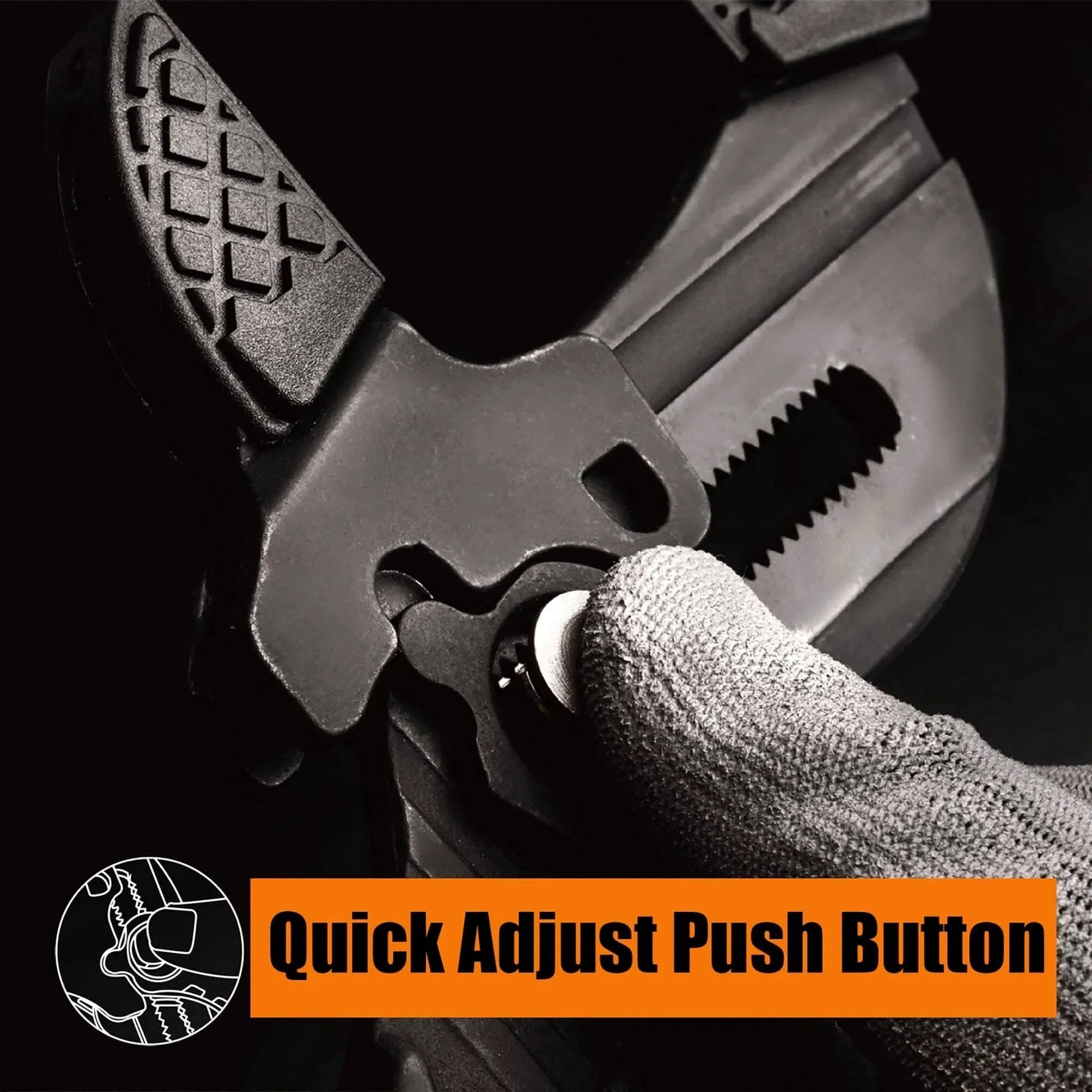 Close-up of 10 Inch Adjustable Pliers Wrench With Quick Adjust Push Button And Parallel Jaws From CRV Steel being adjusted.