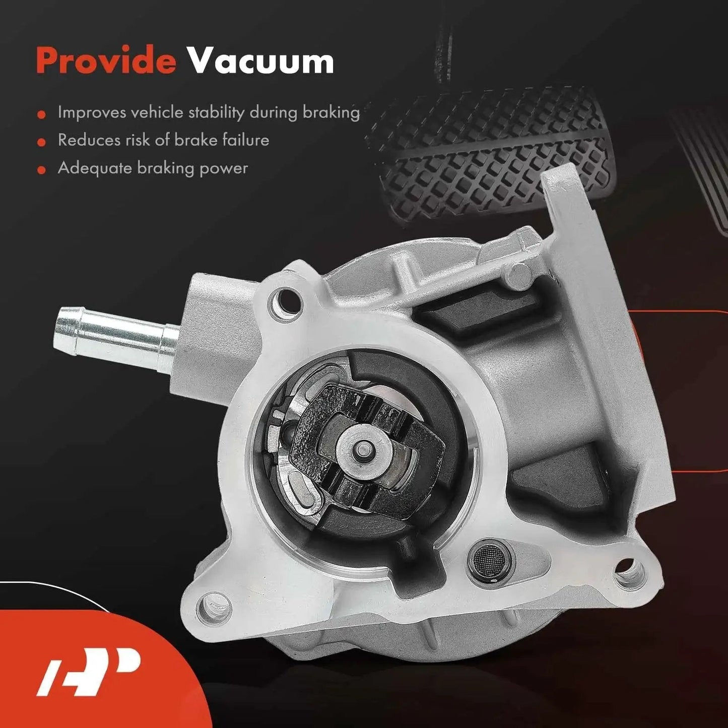 Premium Plug N Play Vacuum Pump Replacement For Volkswagen And Audi Vehicles, shown with internal mechanism and pedal benefits listed.