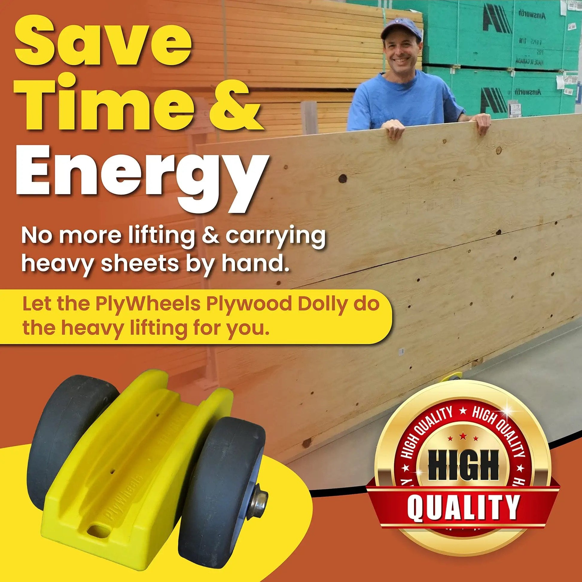 Compact Plywood And Drywall Dolly For Moving Panels And Drywall Carts by Plywheels showcased with a worker moving wood panels.