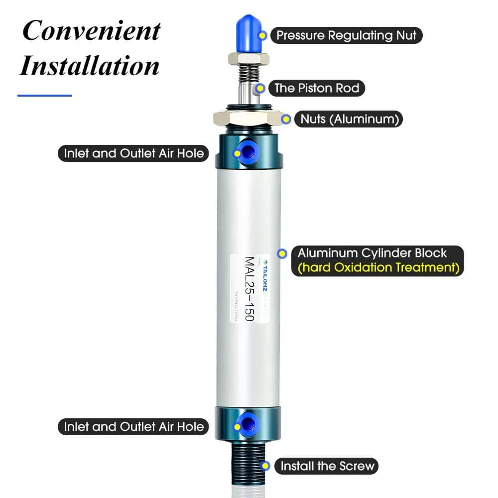 Diagram of PNEUMATIC 25mm Bore 150mm Stroke Air Cylinder Double Action with Y Connector and 2Pcs 6mm Fitting MAL25x150