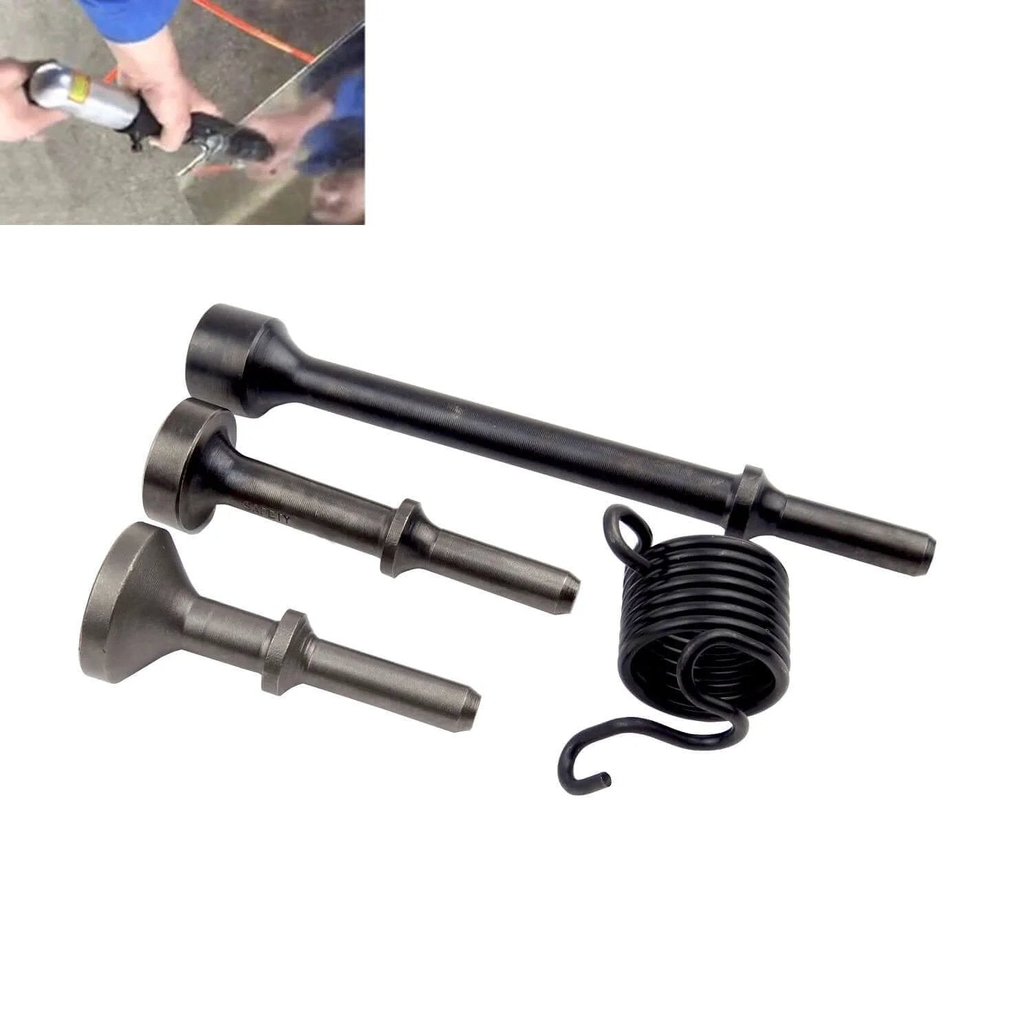 3Pcs Smoothing Pneumatic Air Hammer Pneumatic Chisel bit Set with three alloy steel hammer bits and spring shown together.