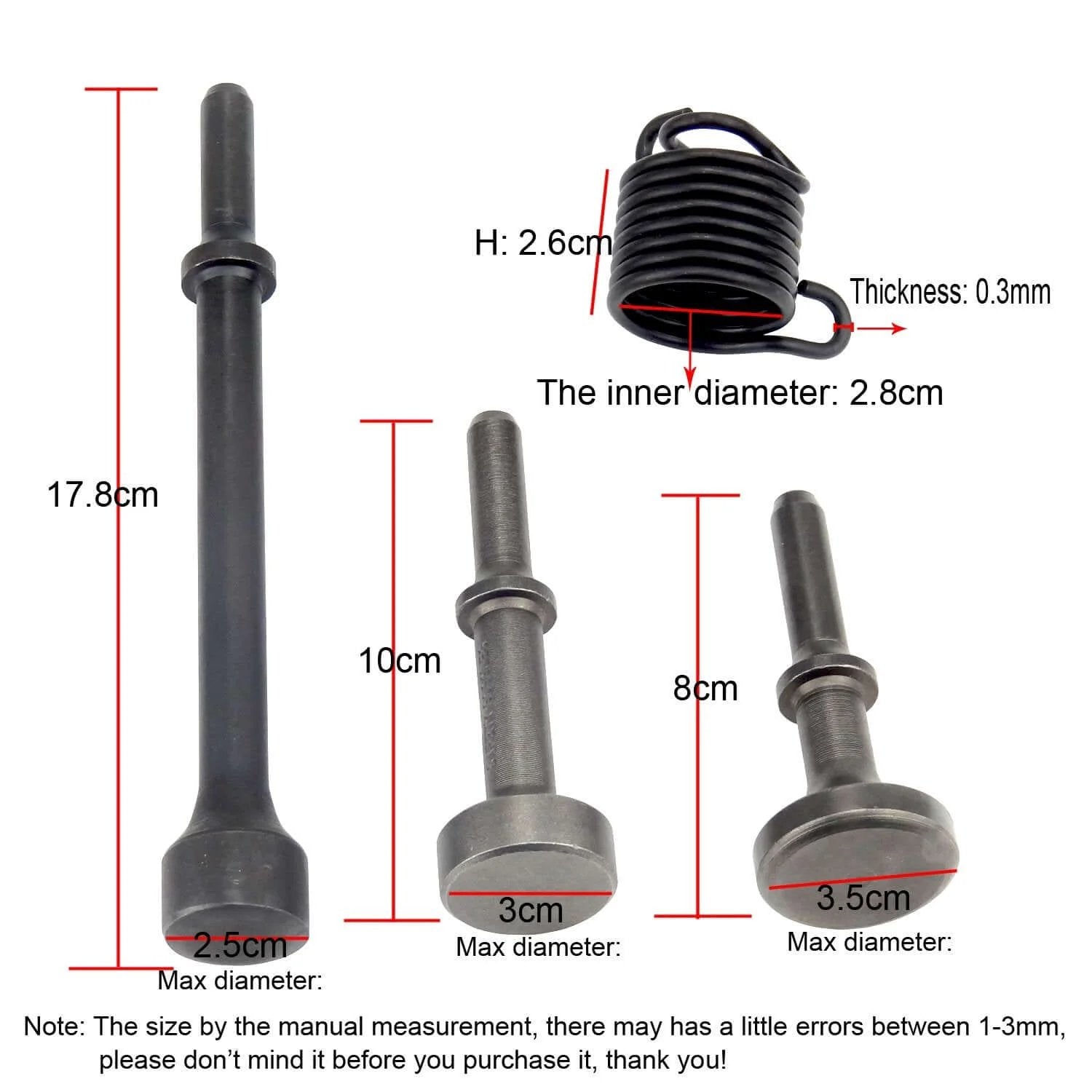 3Pcs Smoothing Pneumatic Air Hammer Pneumatic Chisel bit Set with spring, showing measurement details.