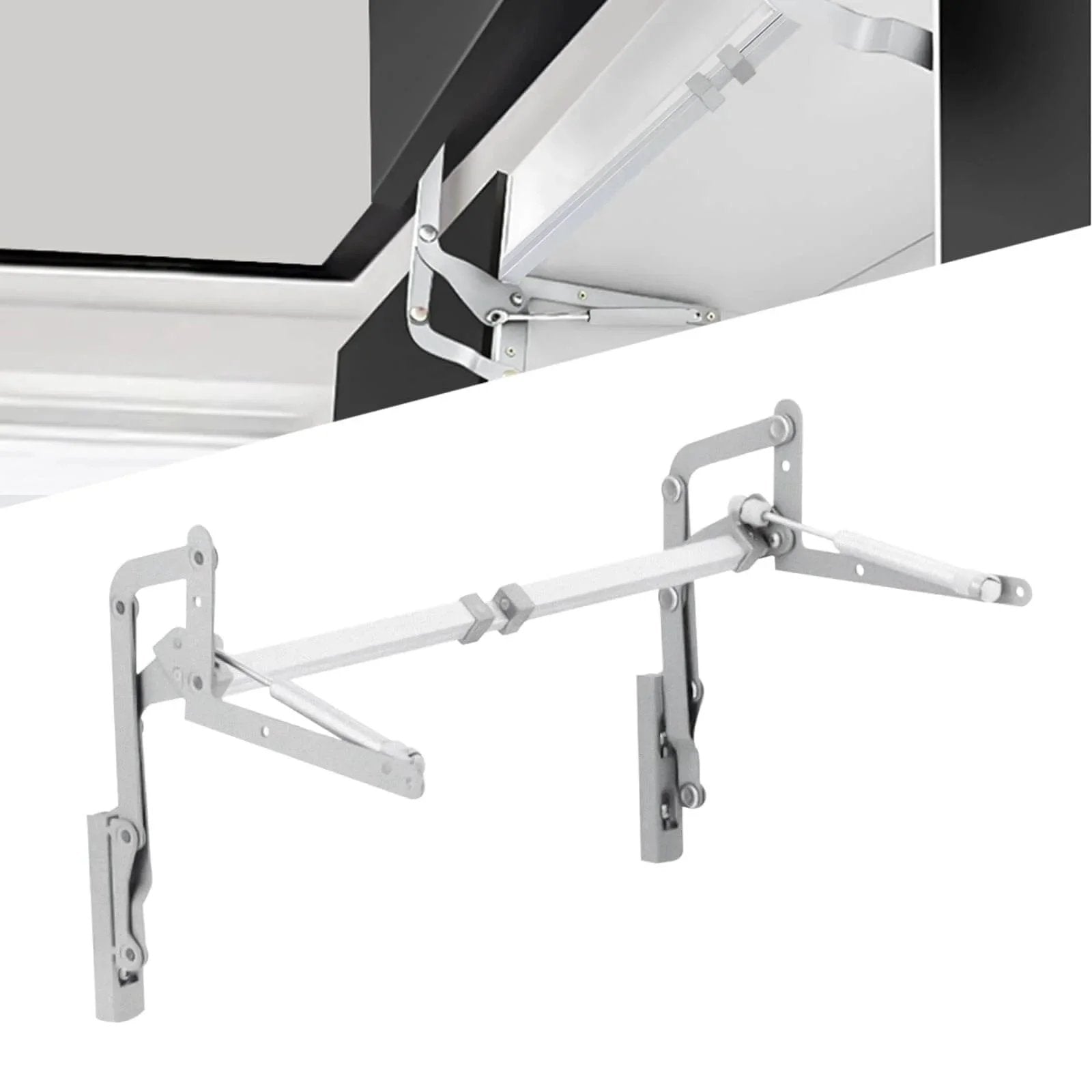 Silver cabinet door hinges with folding lift up top vertical swing mechanism and pneumatic arm for kitchen cabinets.
