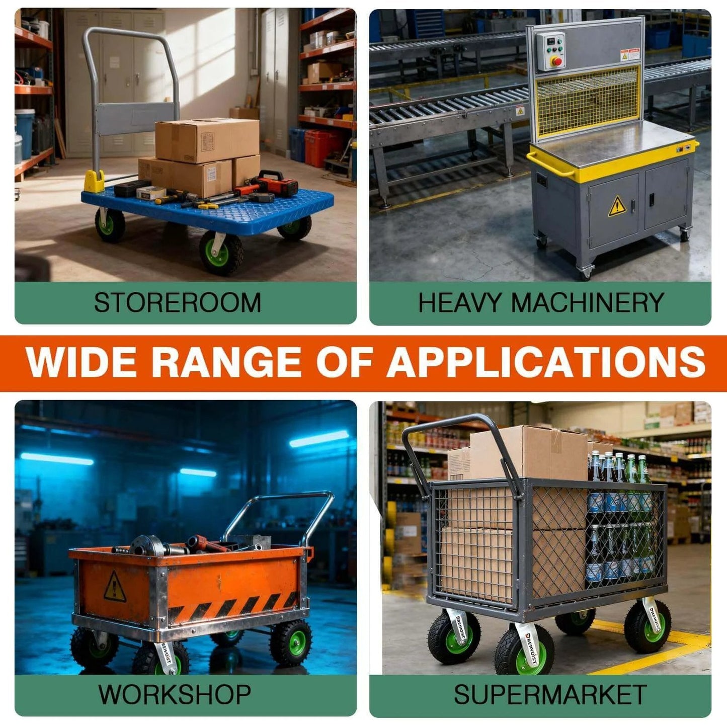 10 inch pneumatic caster wheels set of 4 with heavy duty air tires showcased in varied applications: storeroom, workshop, heavy machinery, supermarket.