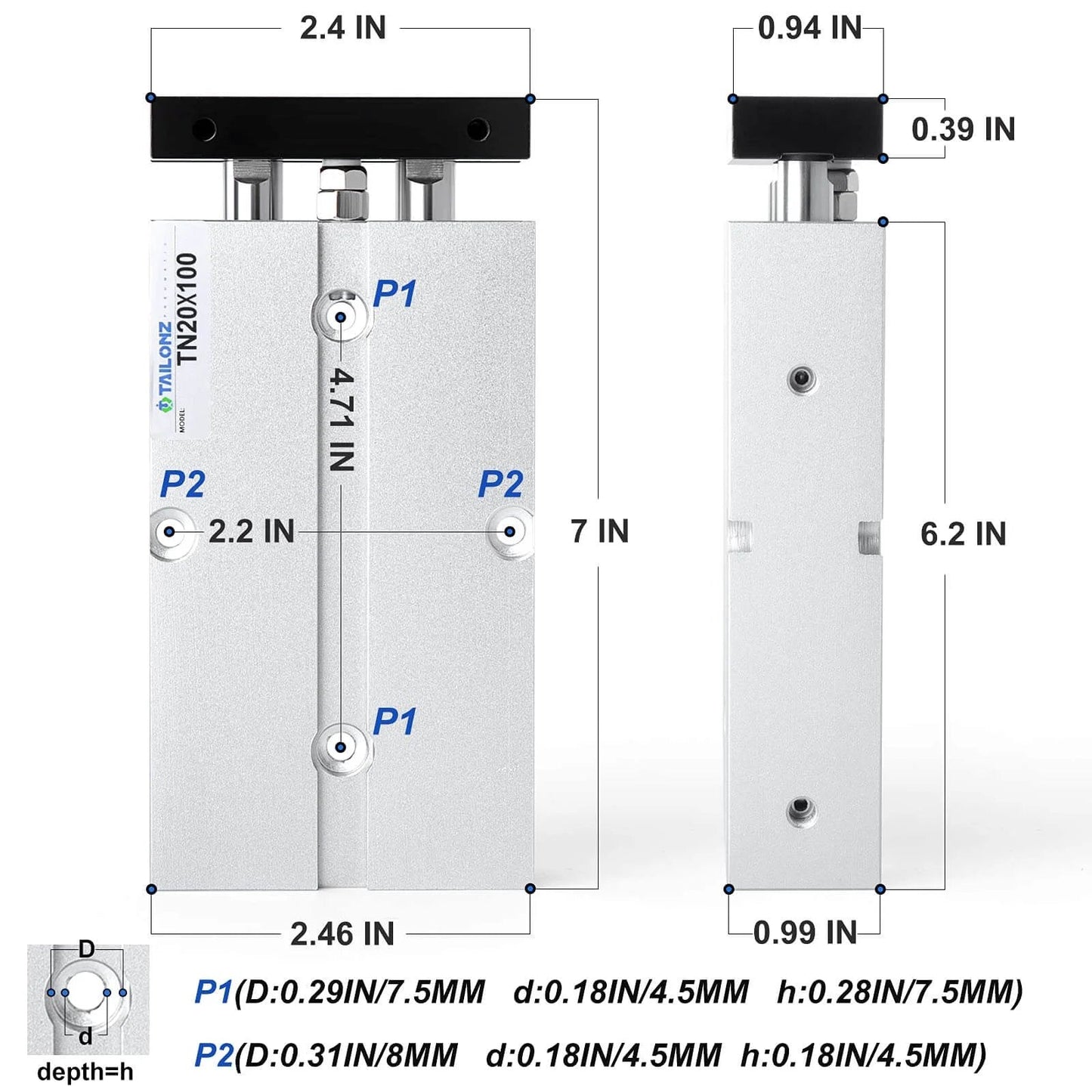 Front and side view of PNEUMATIC 20mm Bore 100mm Stroke Double-Rod Double-Acting Aluminum Pneumatic Air Cylinder TN20-100 with dimensions.