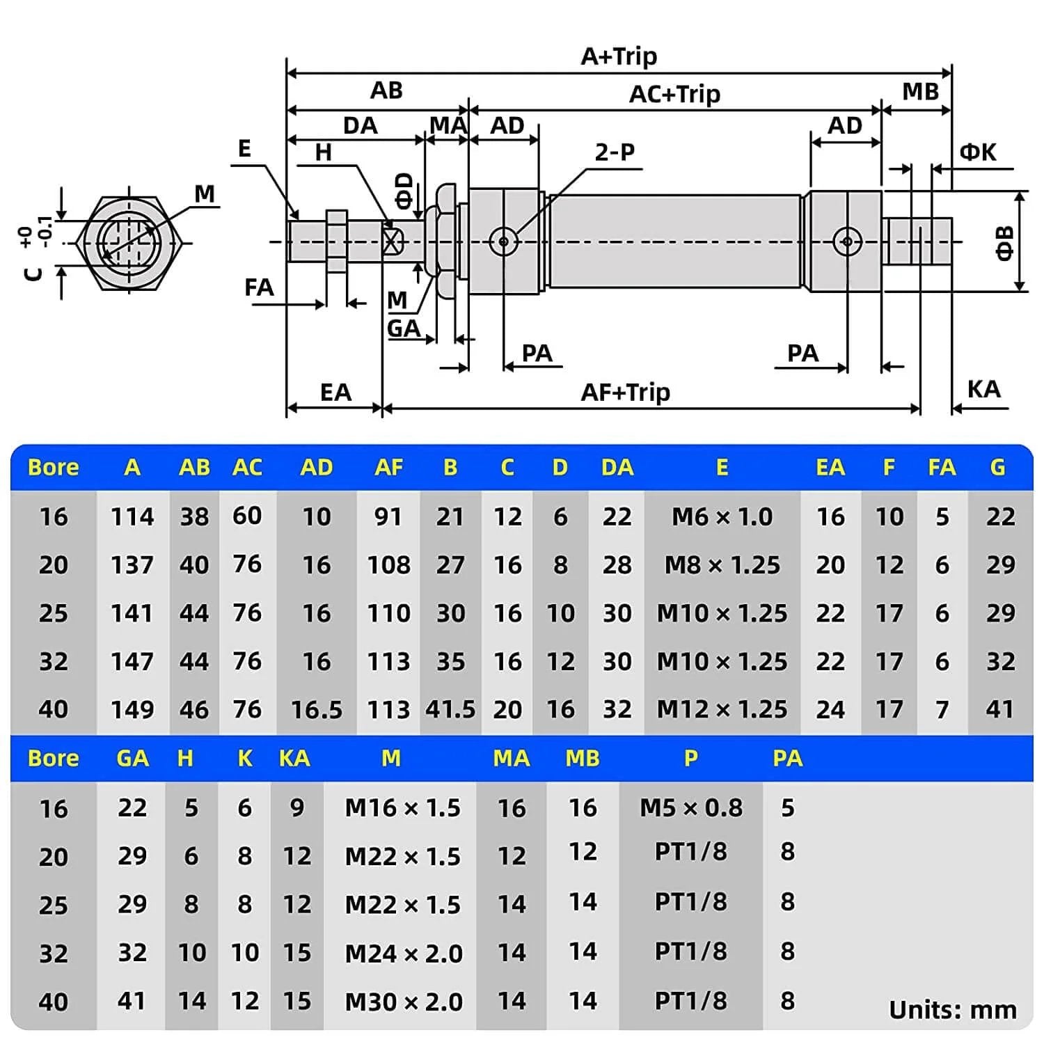 Technical diagram of PNEUMATIC 25mm Bore 150mm Stroke Air Cylinder Double Action with Y Connector and 2Pcs 6mm Fitting MAL25x150