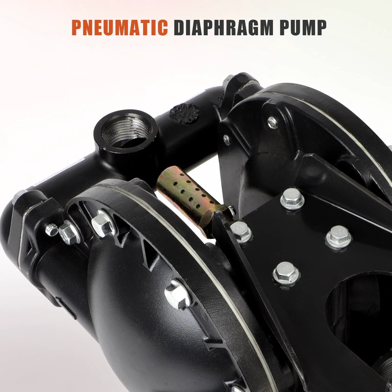 Close-up of GCCSJ Air Operated Double Diaphragm Pump 1 inch Inlet/Outlet Pneumatic Chemical QBY4-25L 31 GPM, black finish.