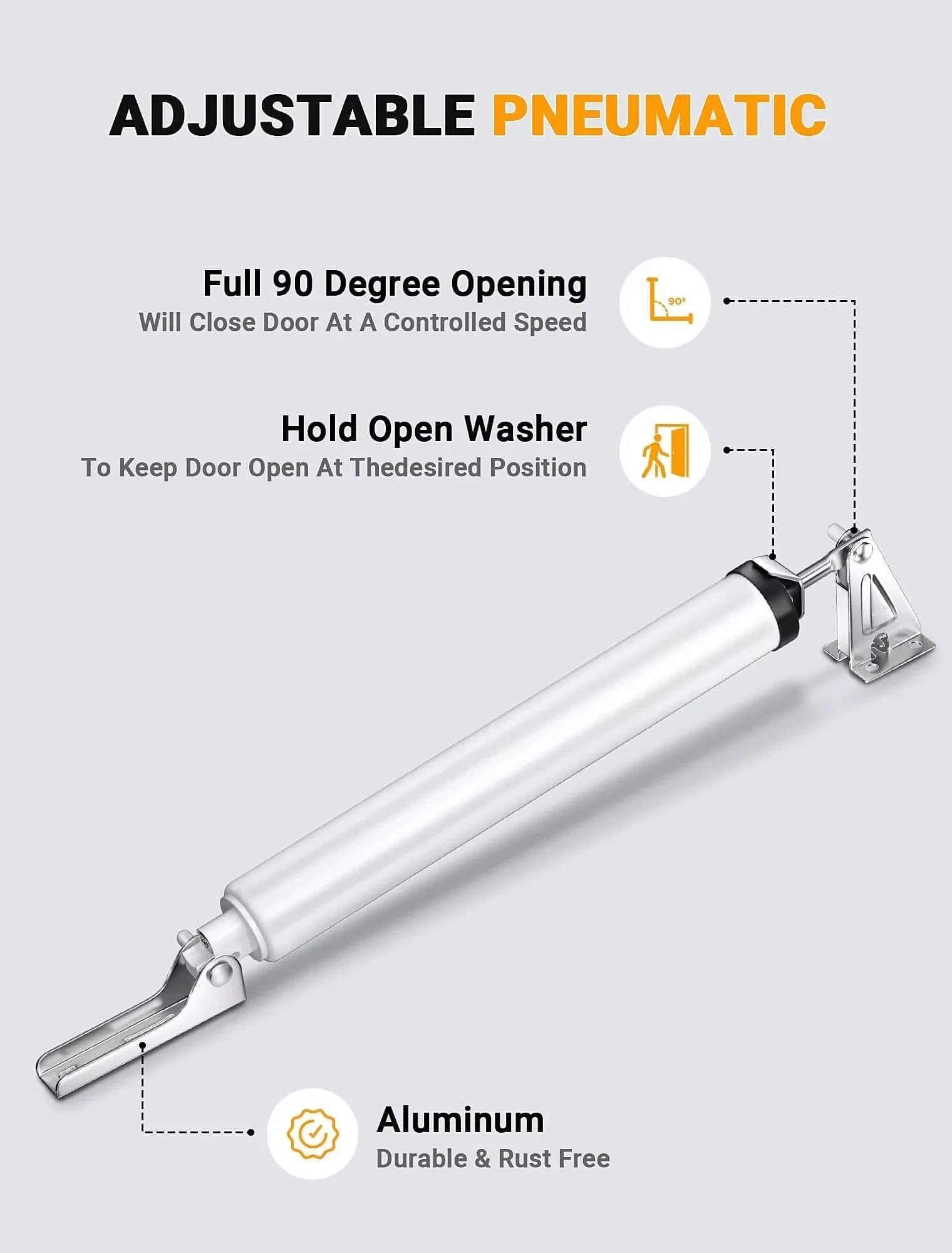 Storm Door Closer with Pneumatic Screen Door Closer and Adjustable Closing Speed, white aluminum cylinder with hold-open feature