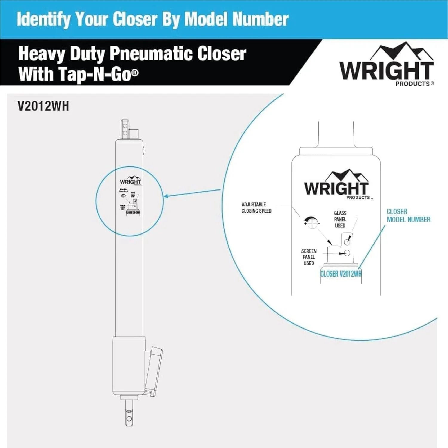 Diagram of a Heavy Duty Pneumatic Screen & Storm Door Closer with EZ-Hold, model V2012WH, showing adjustable speed features.