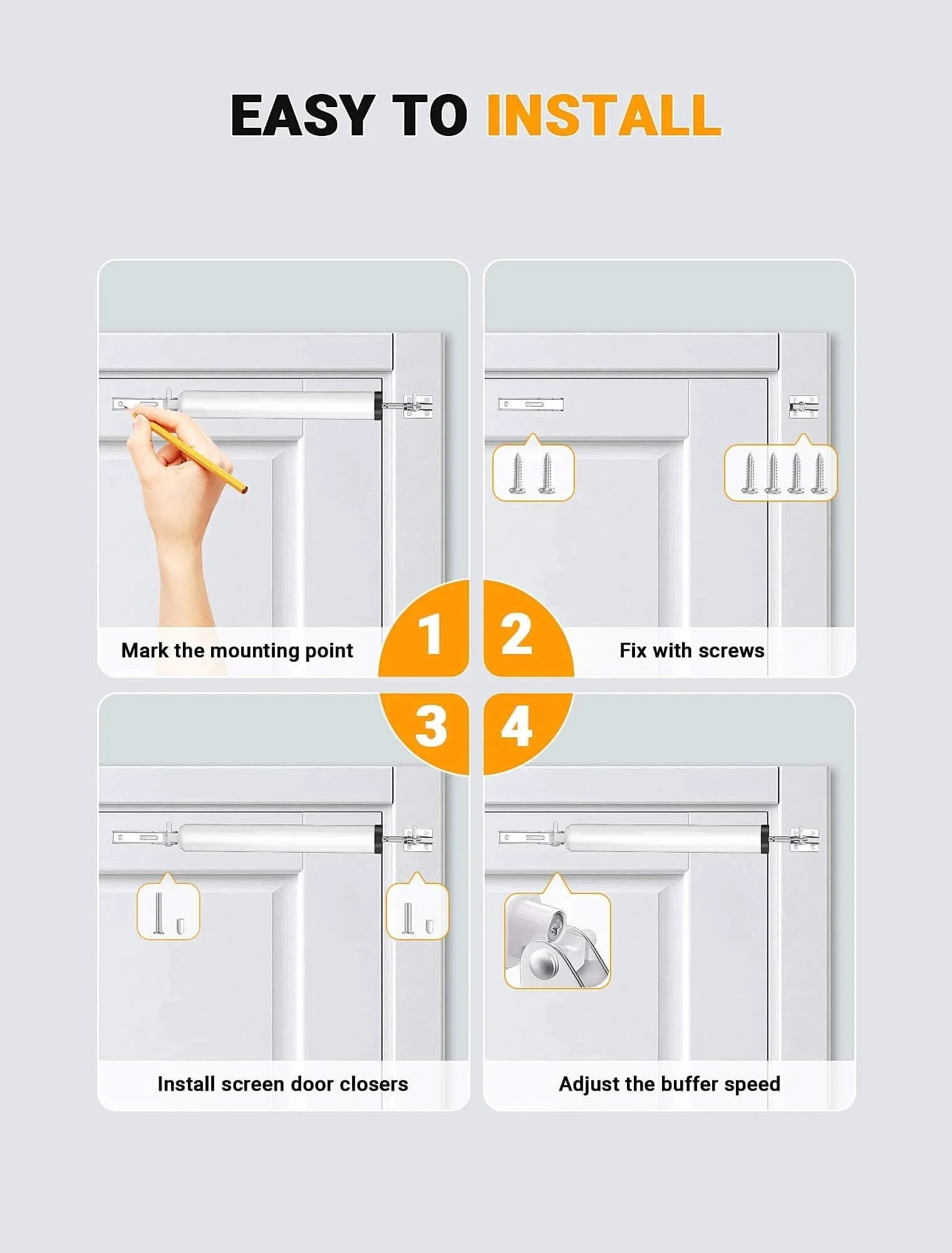 Installation steps for Storm Door Closer, Pneumatic Screen Door Closer with universal bracket kit in white.