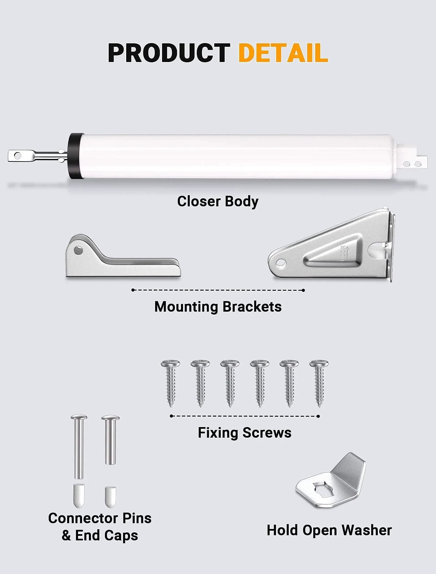 Storm Door Closer components including pneumatic screen door closer, mounting brackets, fixing screws, and hold open washer, white color.