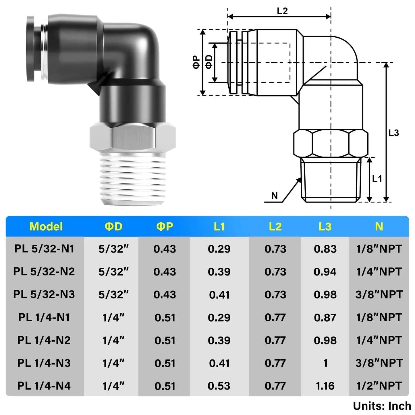 Diagram and table of Push to Connect Pneumatic Male Elbow Fittings One Quarter Inch Tube Outer Diameter To One Quarter Inch NPT Thread 90 Degree Connector PL One Quarter N2 Pack Of Ten Copper And Plastic Construction For PU Tubing 0 To 145 Psi