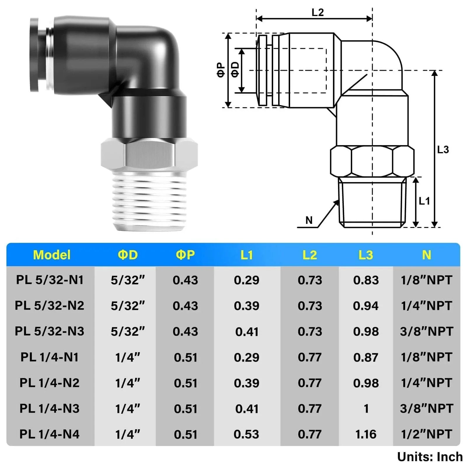 Diagram and table of Push to Connect Pneumatic Male Elbow Fittings One Quarter Inch Tube Outer Diameter To One Quarter Inch NPT Thread 90 Degree Connector PL One Quarter N2 Pack Of Ten Copper And Plastic Construction For PU Tubing 0 To 145 Psi