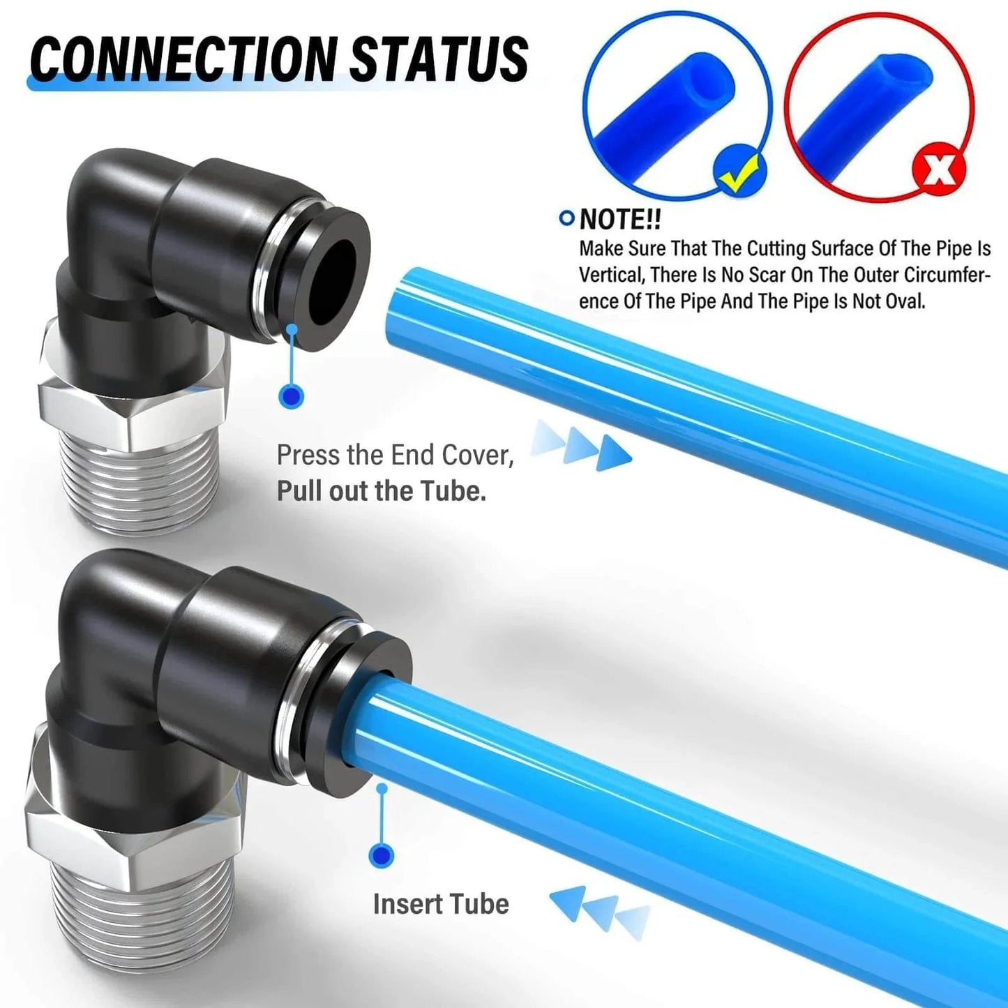 Push To Connect Pneumatic Male Elbow Fittings One Quarter Inch Tube Outer Diameter To One Quarter Inch NPT Thread 90 Degree Connector PL One Quarter N2 Pack Of Ten Copper And Plastic Construction For PU Tubing 0 To 145 Psi demonstrating connection status with blue tubing.