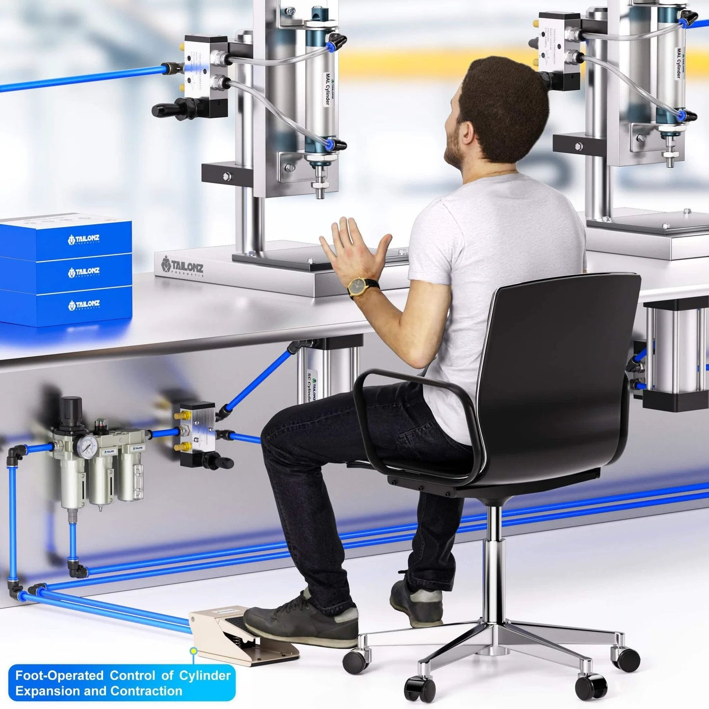 Person using PNEUMATIC 1/4"NPT Pneumatic Foot Pedal Valve Kit 3 Way 2 Position Threaded Rubber Nonslip Pressure Control FV320 with 6mm Fittings