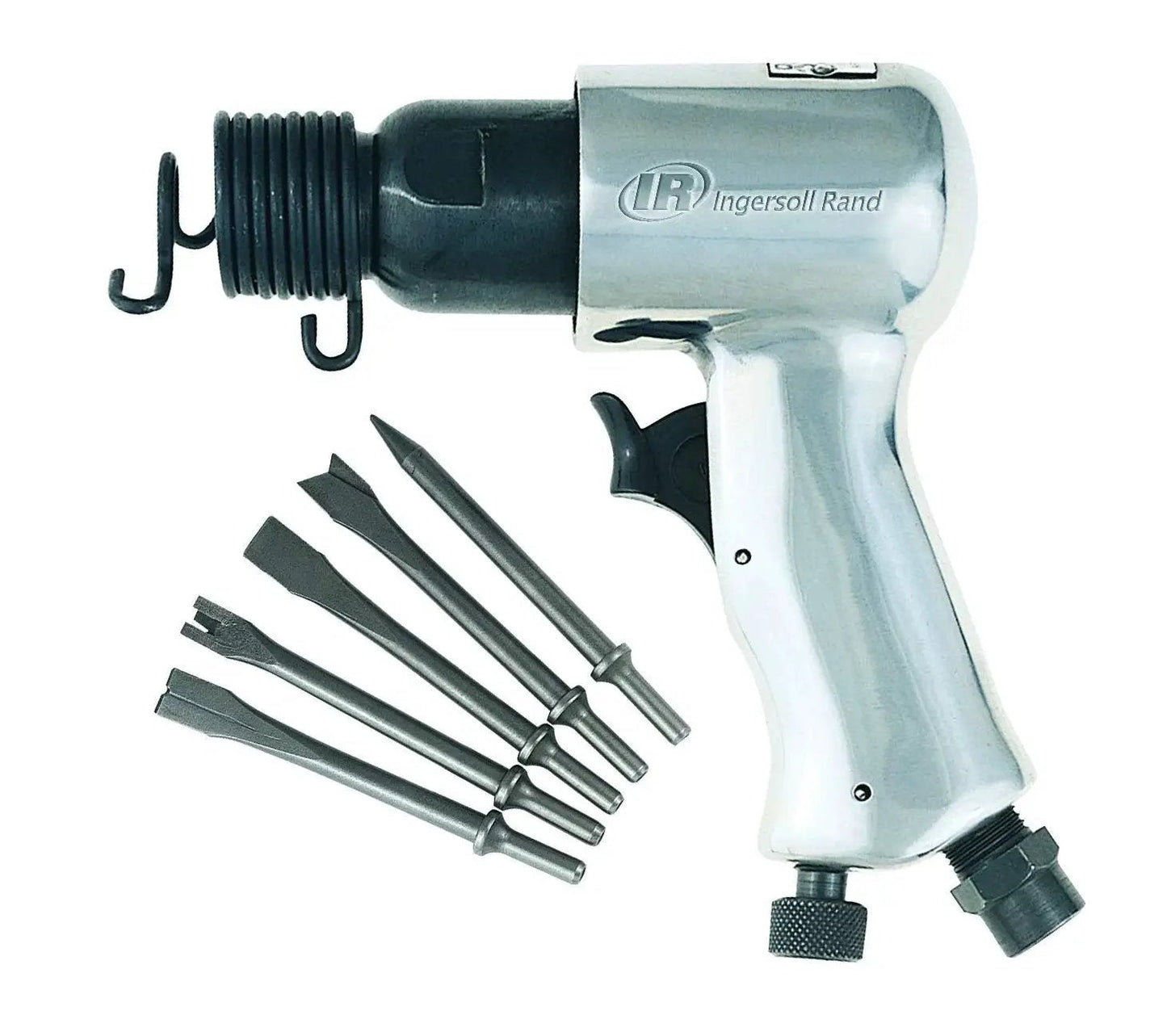 Compact high speed pneumatic hammer with 5 piece chisel set delivers fast, precise work up to 5000 blows per minute